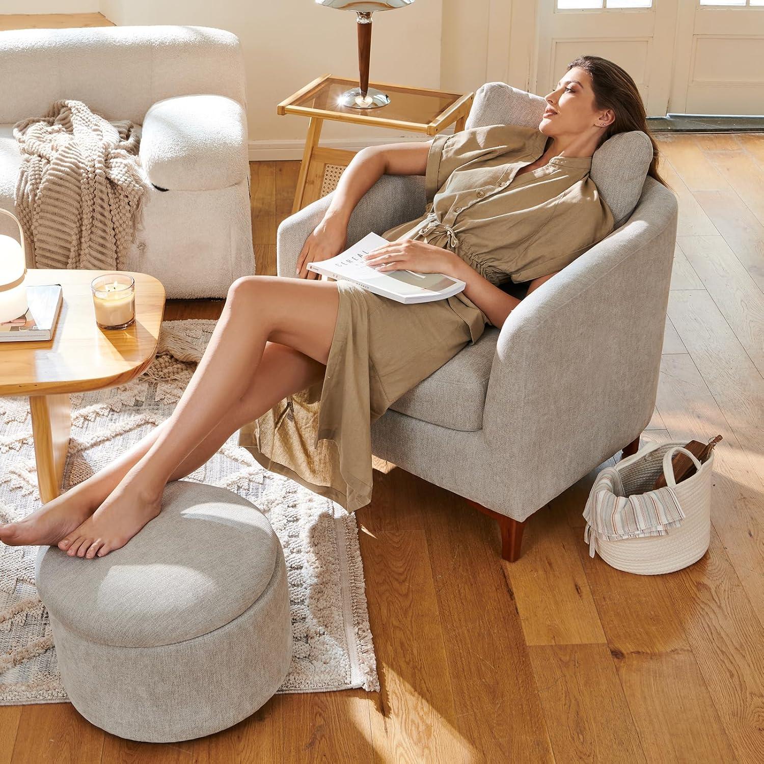 COLAMY Sherpa Accent Chair with Storage Ottoman, Modern Upholstered Living Room Chair with Foot Rest, Armchair with Back Pillow and Wooden Legs for Living Room, Bedroom, Reading Nook, Classic Cream