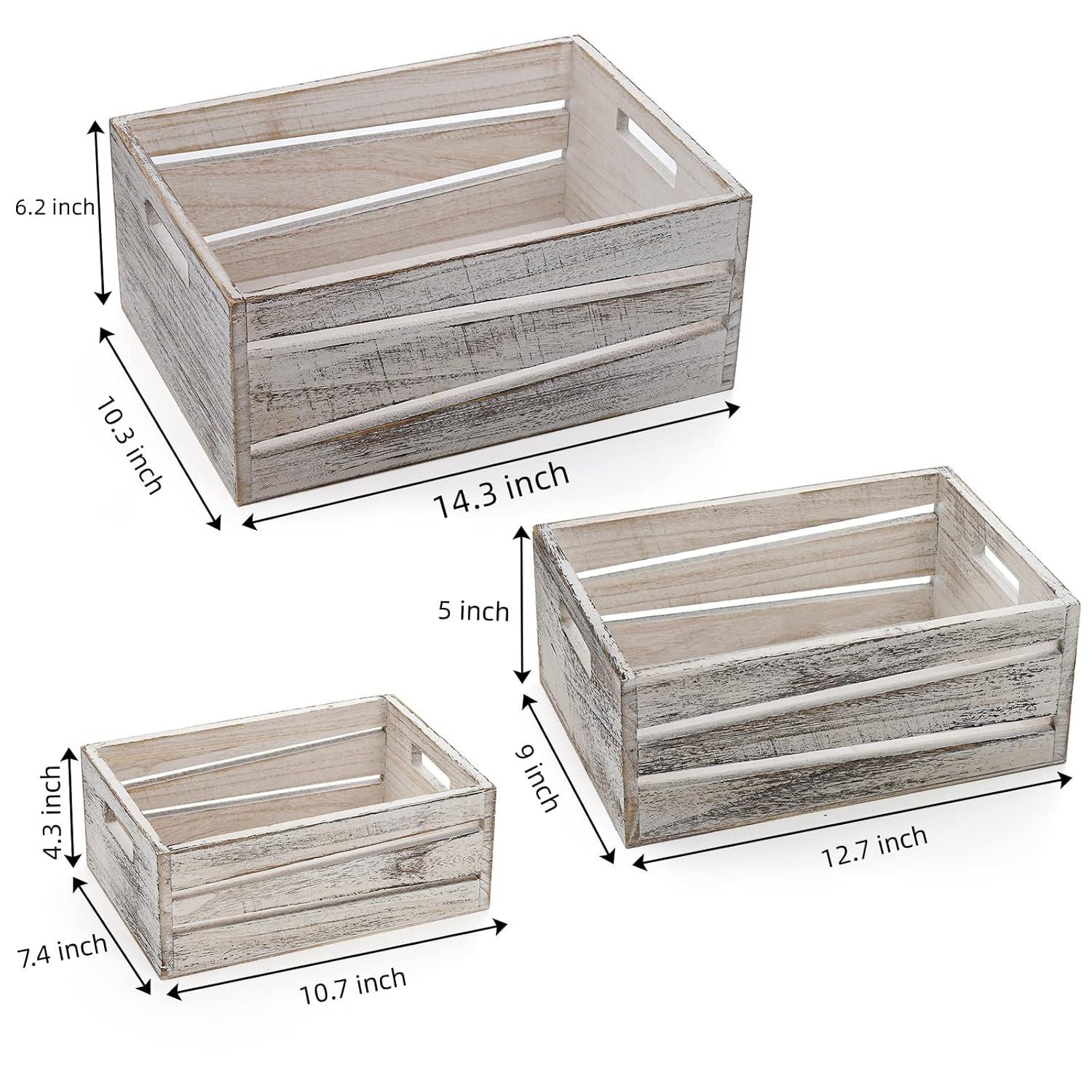 Admired By Nature Wooden Crates Storage Container, Rustic White Set of 3, Farmhouse Style Decorative Baskets for Home Decor, Rustic Decor, Nesting Stackable Organizers, Distressed Wood Crates C21
