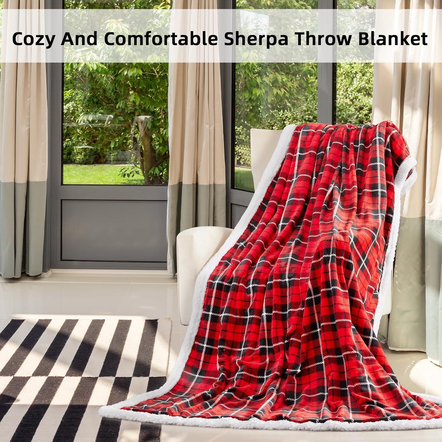 Red Plaid Sherpa Fleece Reversible Throw Blanket