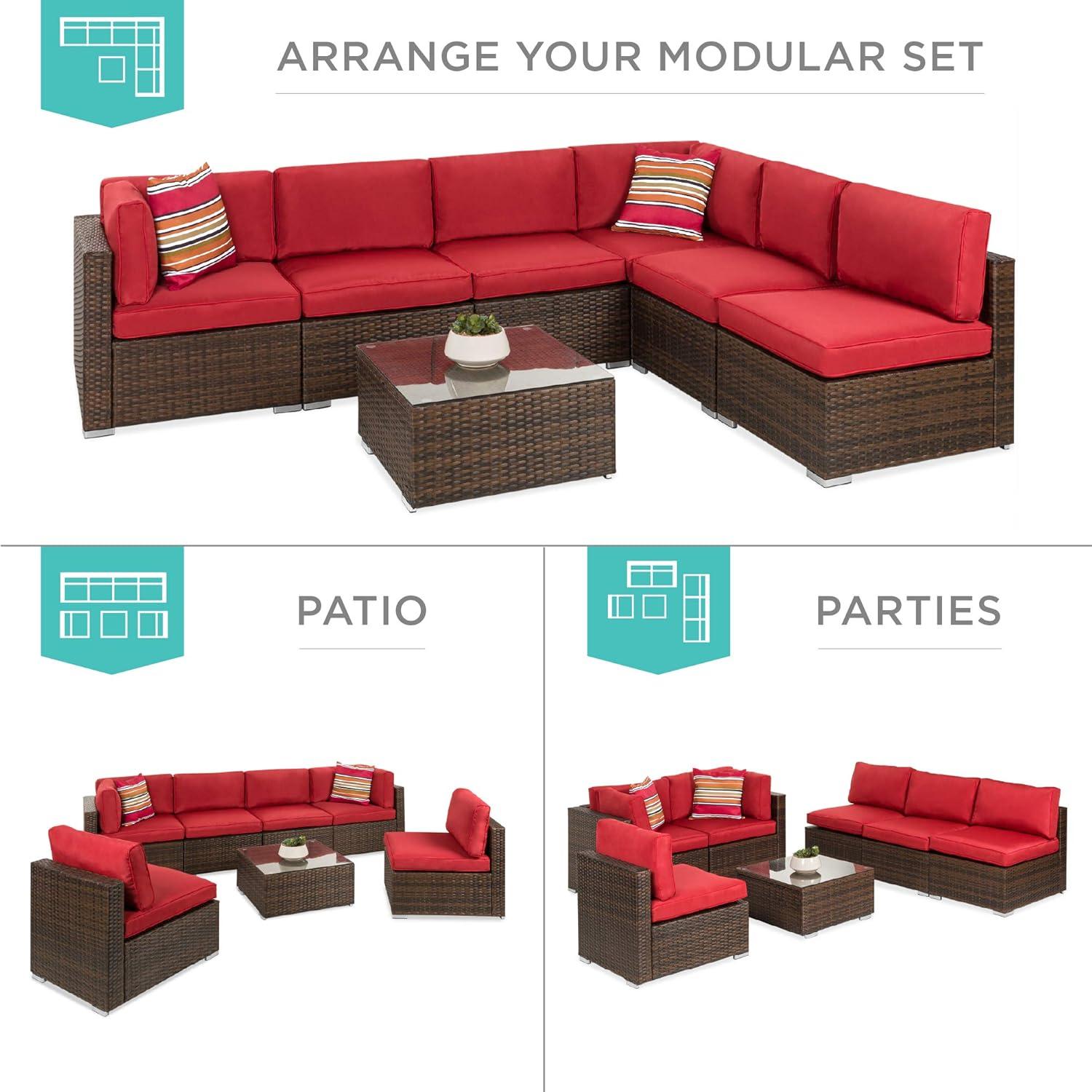 Best Choice Products 7-Piece Outdoor Modular Patio Conversation Furniture, Wicker Sectional Set - Brown/Red