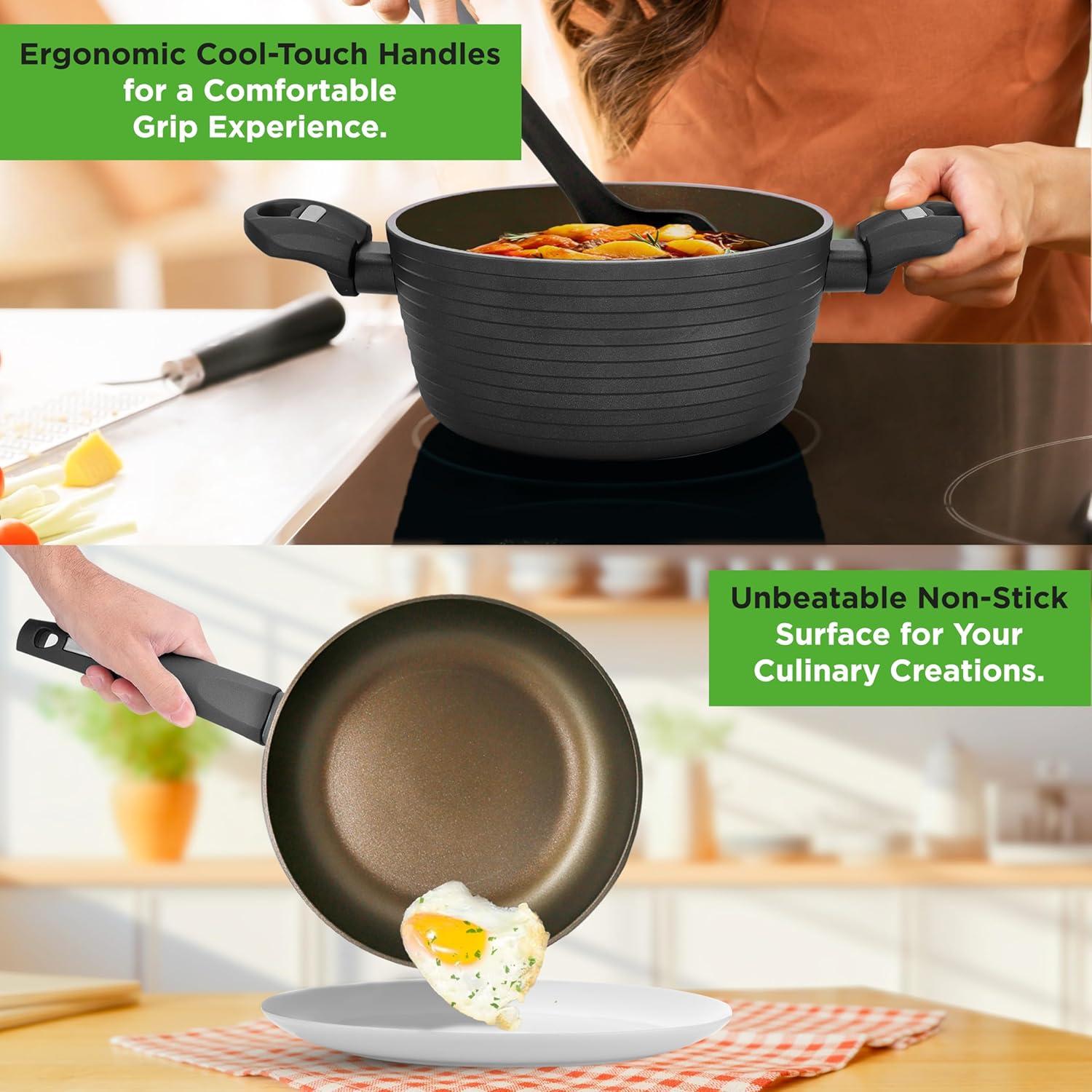 NutriChef 12-Piece Nonstick Kitchen Cookware Set - Professional Hard Anodized, Includes Saucepan, Frying Pans, Cooking Pots, Dutch Oven Pot, Lids, Utensils - NCCW12S, Black