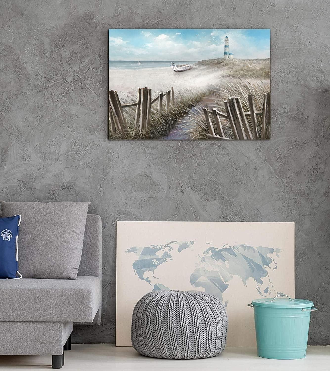 Ocean Seascape Canvas Wall Art with Lighthouse, 24x16 Inch