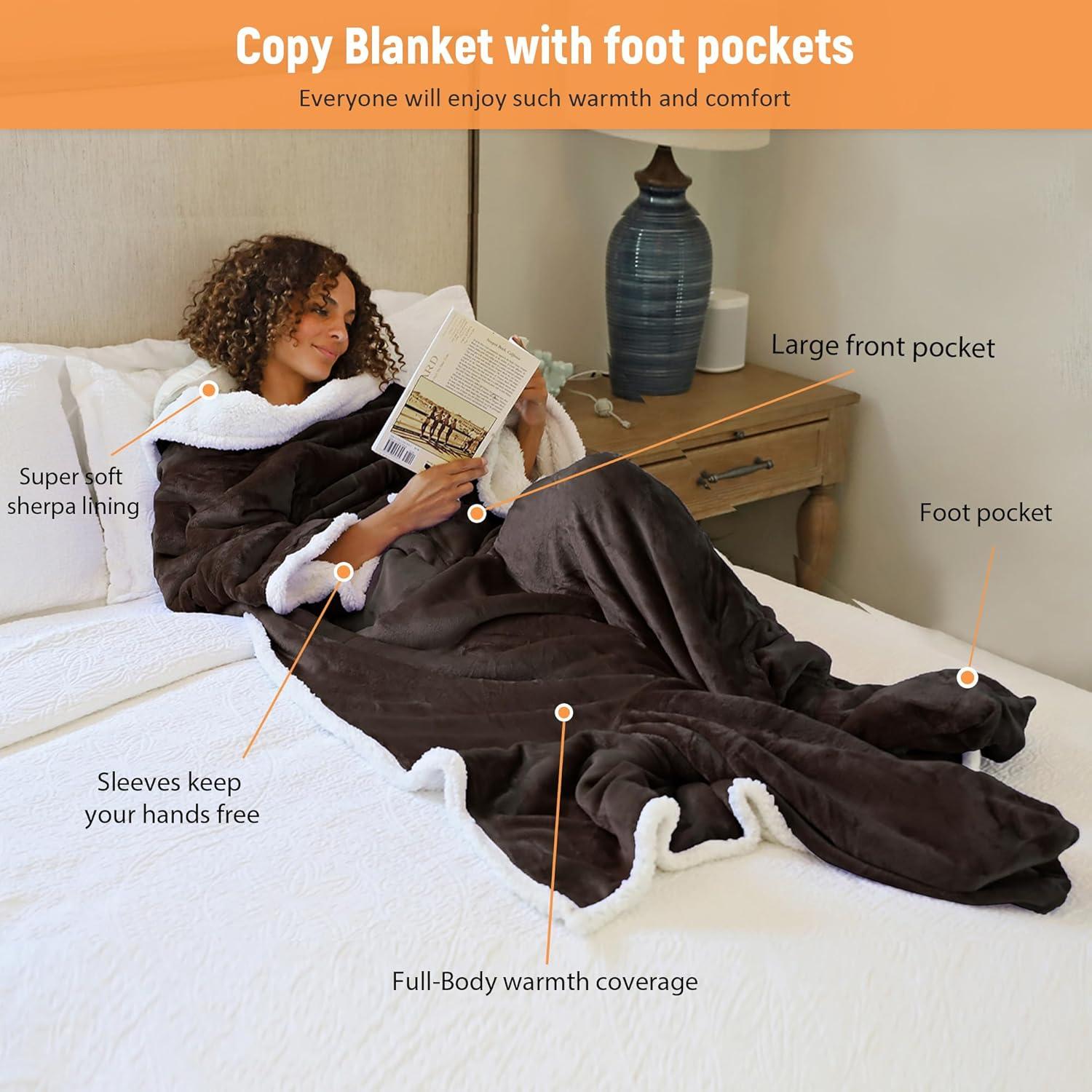 Catalonia Fleece Wearable Blanket with Sleeves & Foot Pockets for Adult, Comfy Snuggle Wrap Sleeved Throw Blanket Robe, Gift for Her Him