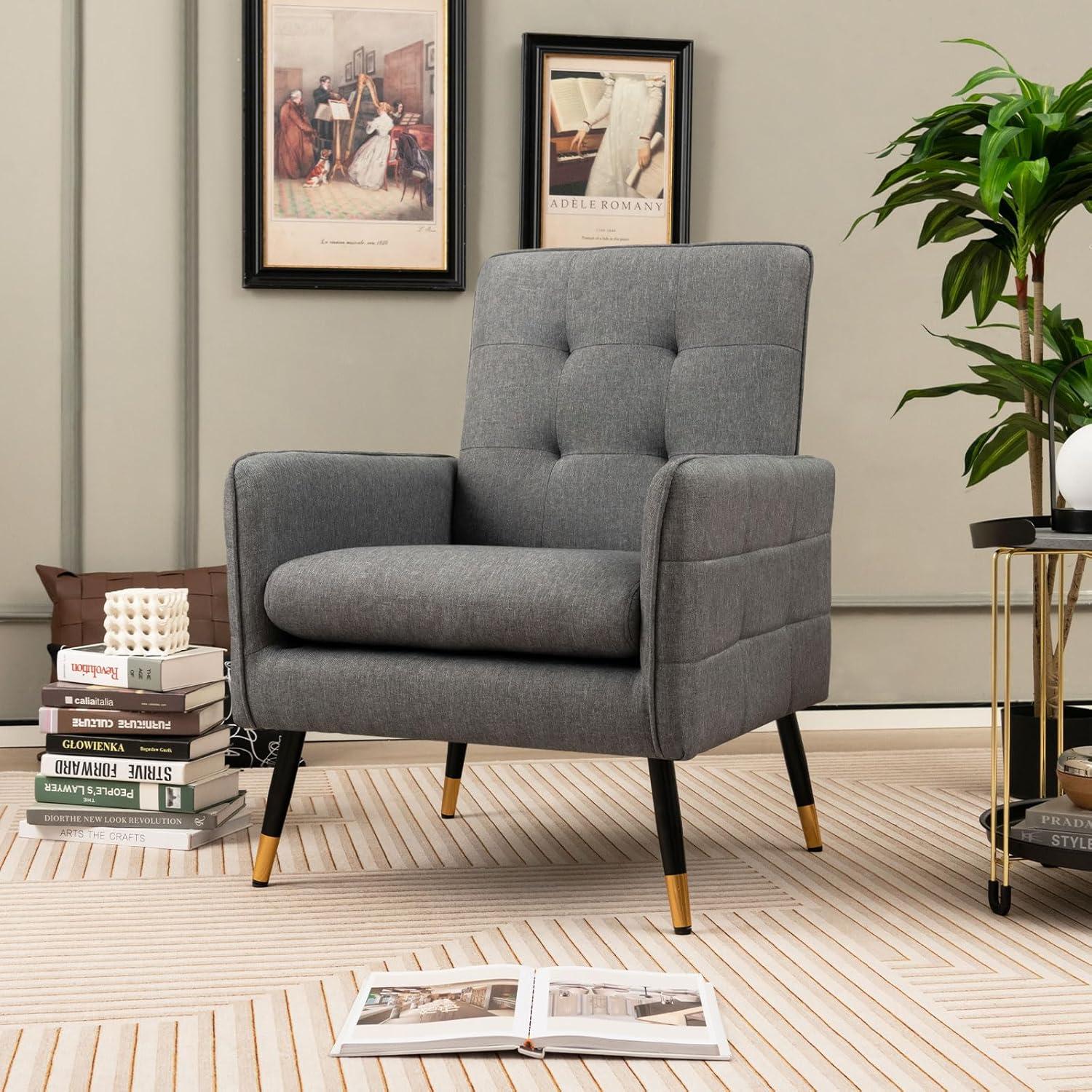 Gymax 2 Pieces Accent Chair Upholstered Armchair w/ Tufted Back & Metal Legs Gray