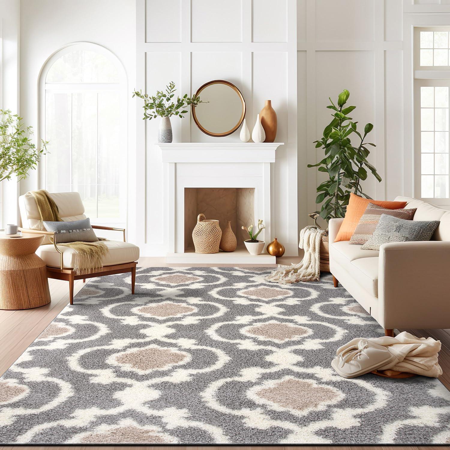 Gray and Cream Moroccan Trellis Shag Area Rug 9' x 12'