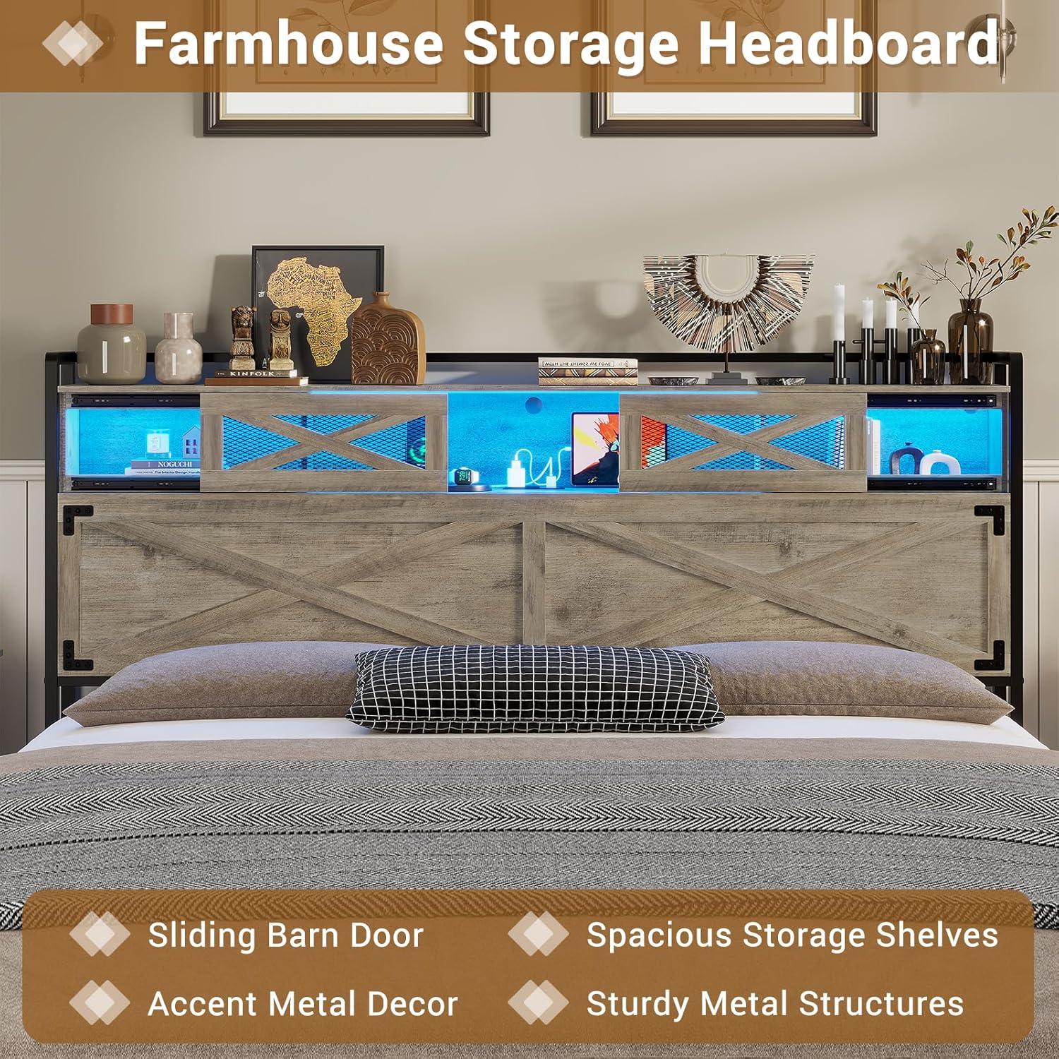 Hasuit Queen Bed Frame with Storage Headboard, Platform Bed Queen Size with Charging Station and LED Lights, Farmhouse Rustic Bed with Sliding Barn Door, Rustic Oak