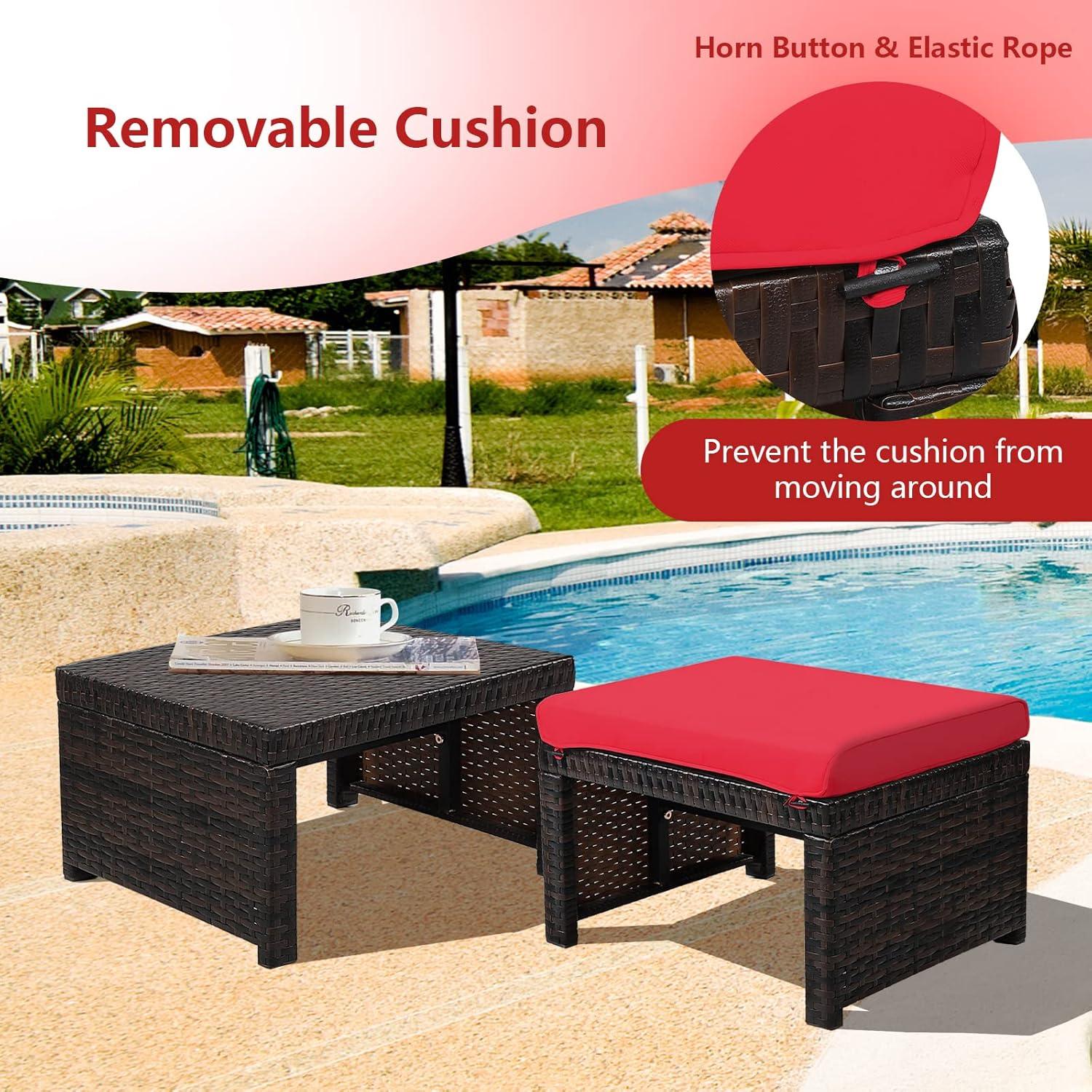 HAPPYGRILL 2 Piece Outdoor Wicker Ottomans, Patio Rattan Footstool with Cushions, Solid Steel Frame, Multifunctional Ottomans for Poolside Backyard Balcony