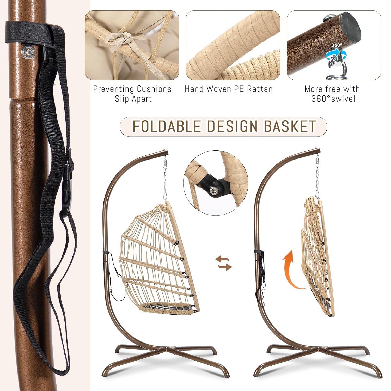 RADIATA Outdoor Foldable Hanging Egg Chair with Stand, PE Wicker Swing Chair with Cushion and Headrest, 350 lbs Capacity, Beige