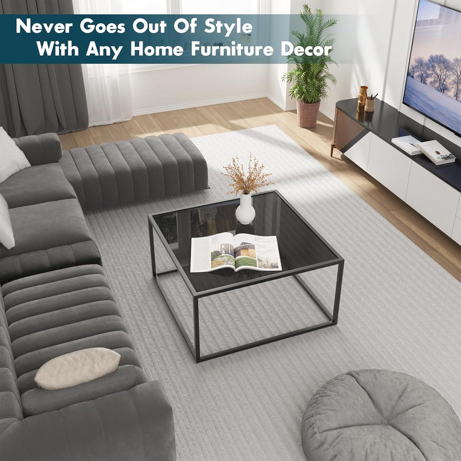 SAYGOER Black Glass Coffee Table Small Modern Coffee Tables 26.7in Square Tempered Glass-Top Accent Center Table for Living Room Home Office with Black Metal Frame Easy Assembly