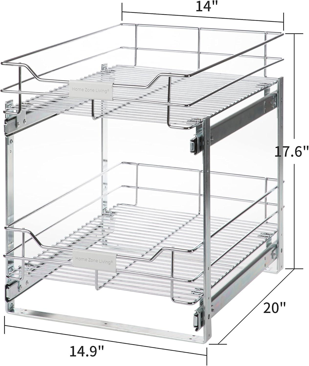 Home Zone Living 14” Width x 20” Depth 2 Shelves Pull Out Storage Organizer, Silver