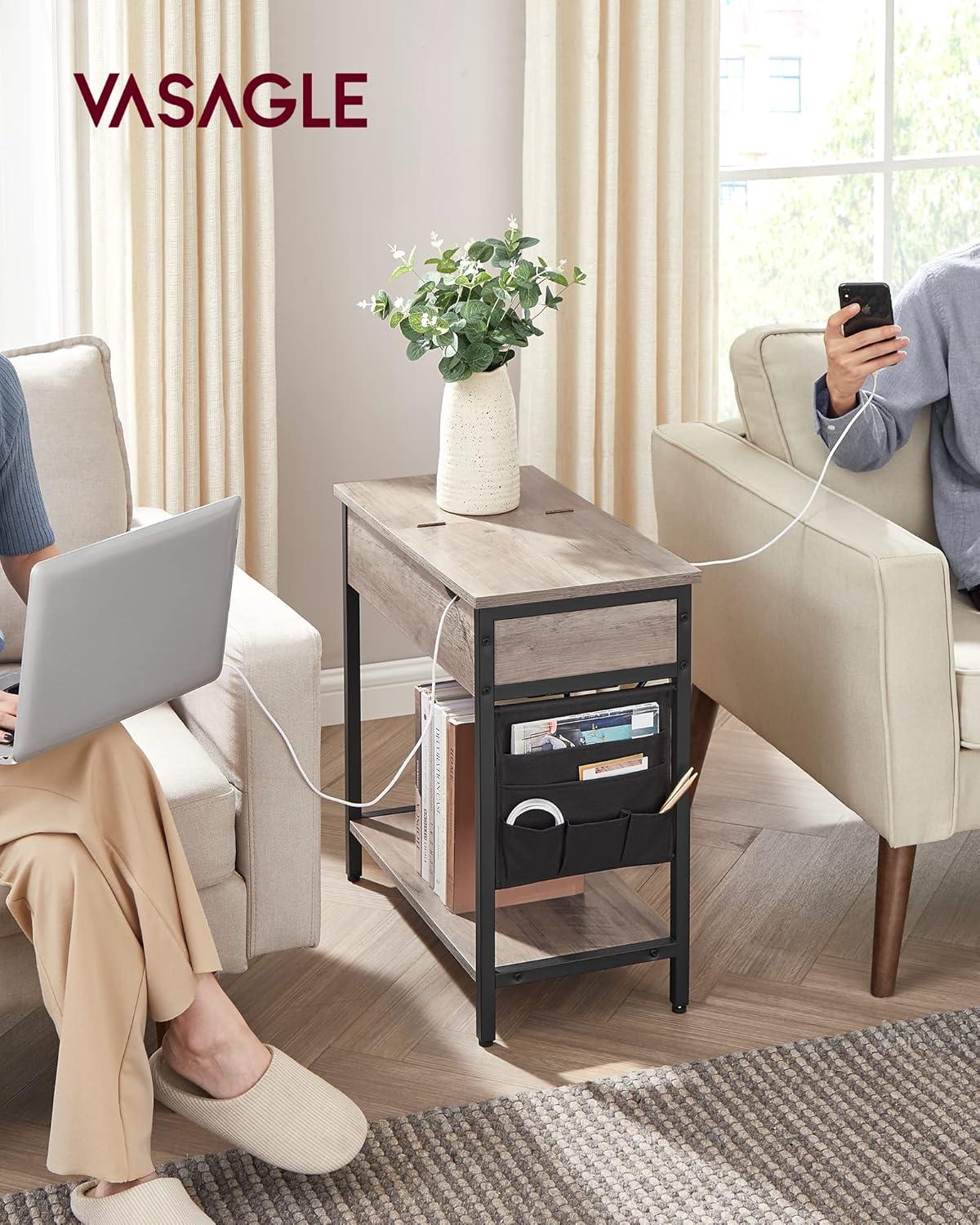 Greige and Black Steel Frame Side Table with Storage and Charging Station