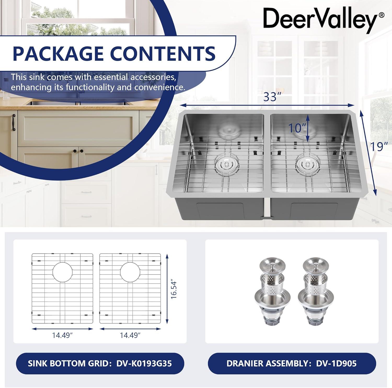 DeerValley 33'' L Undermount 50/50 Double Bowl Stainless Steel Kitchen Sink with Basket Strainers and Stainless Steel Grids