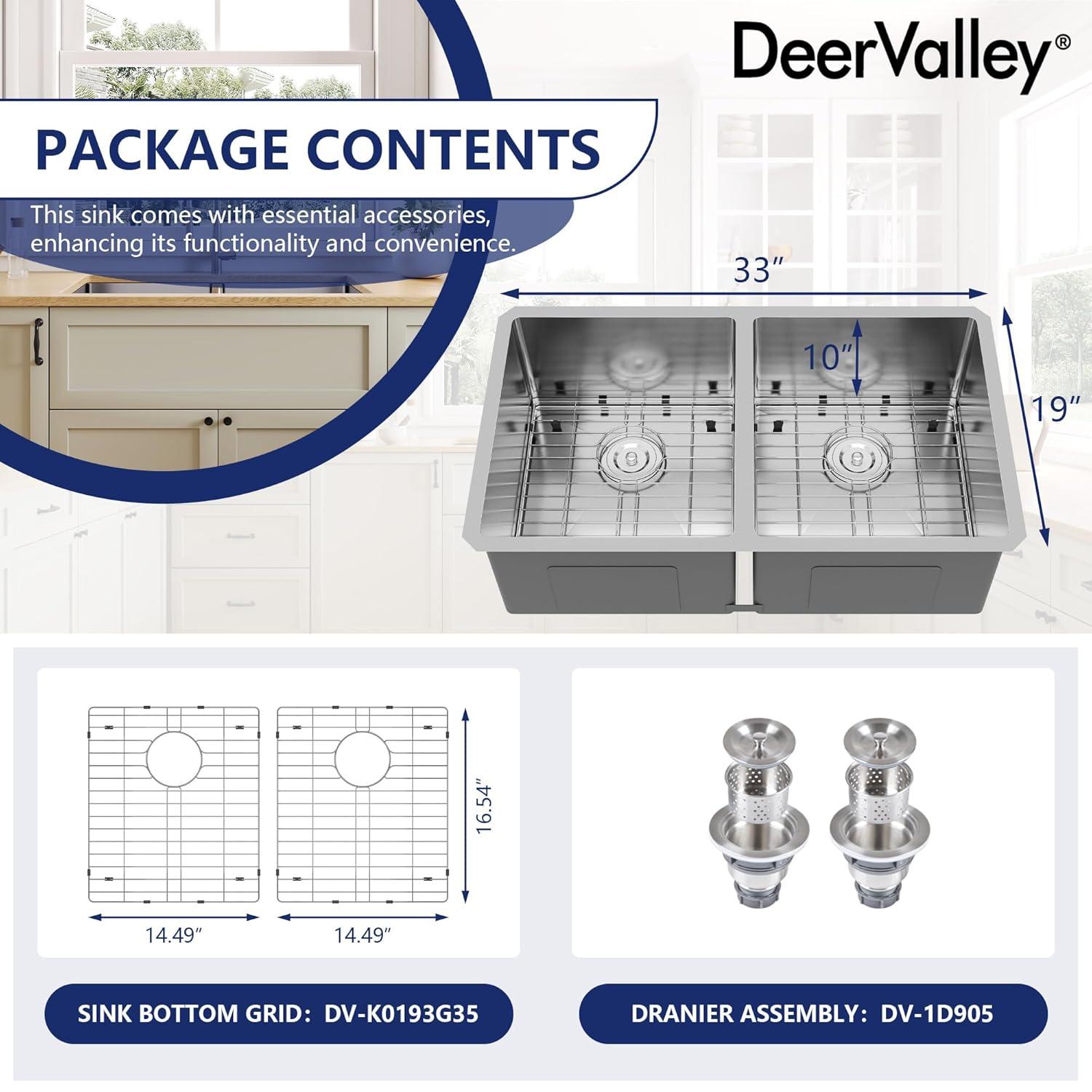 DeerValley 33'' L Undermount 50/50 Double Bowl Stainless Steel Kitchen Sink with Basket Strainers and Stainless Steel Grids