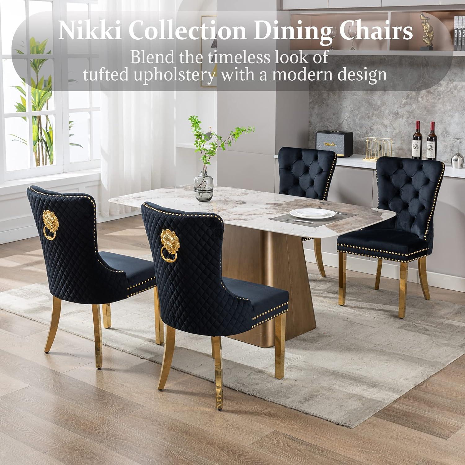 ODUSE-DAILY Black Velvet Dining Chairs Set of 6, Kitchen & Dining Room Chairs, Nailheads Tufted, Sillas De Comedor, Fabric Upholstered, Golden Metal Legs (Black, 6 Pcs)