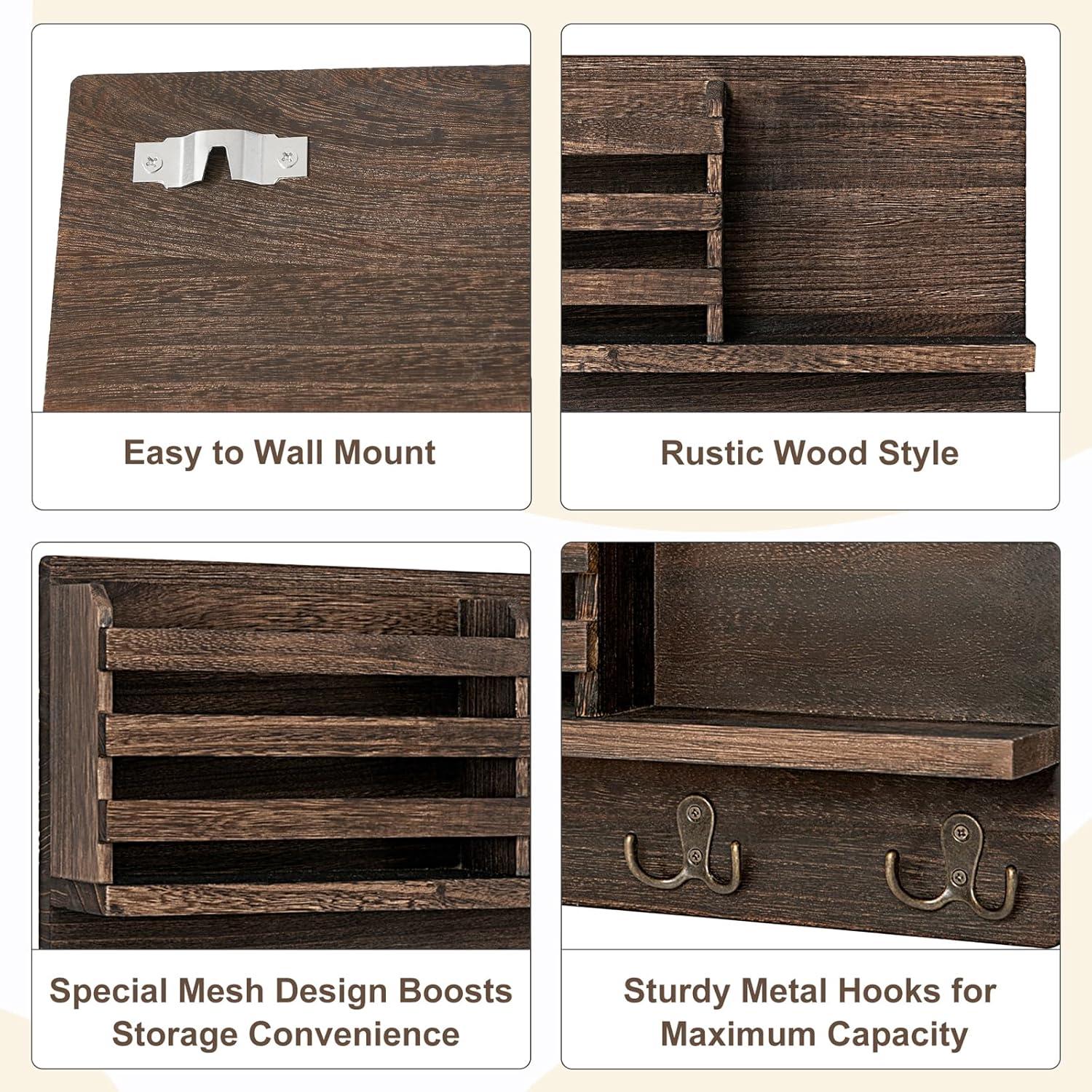 Dahey Wall Mounted Mail Holder Wooden Key Holder Rack Mail Sorter Organizer with 4 Double Key Hooks and A Floating Shelf Rustic Home Decor for Entryway or Mudroom,15.7" W x9.3 Hx3.2 D, Brown