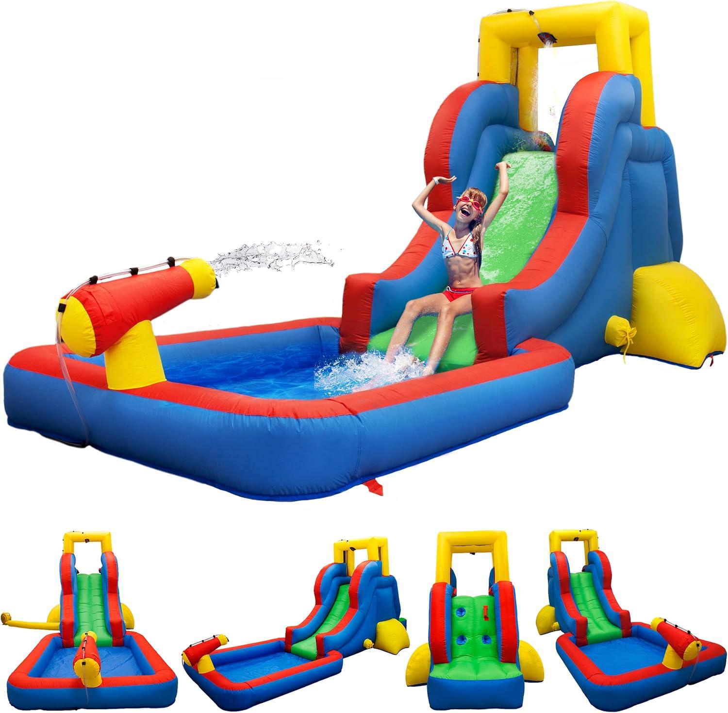 Colorful Inflatable Water Slide Park with Pool and Climbing Wall