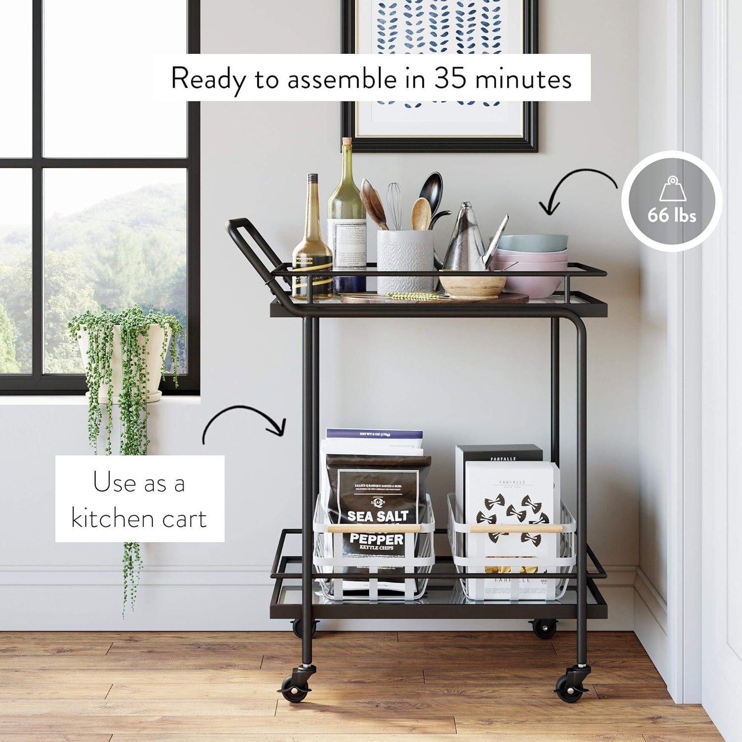 Sally Sleek 2-Tiered Black Metal and Glass Rolling Bar Cart