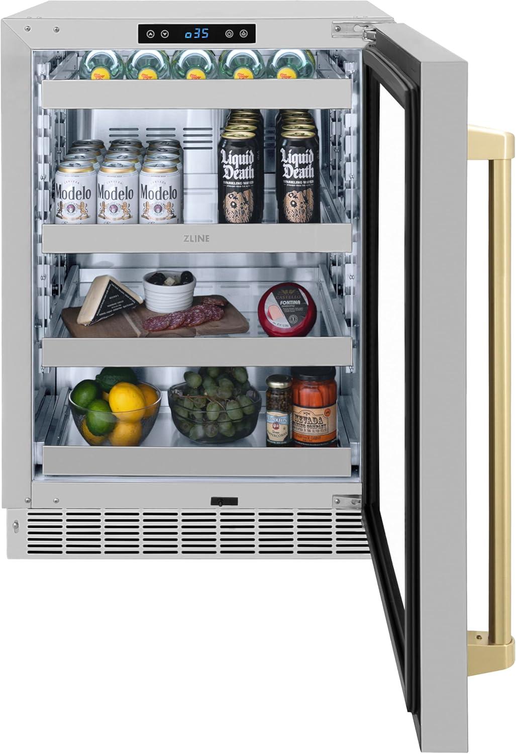 24" Stainless Steel Undercounter Beverage Fridge with Champagne Bronze Handle