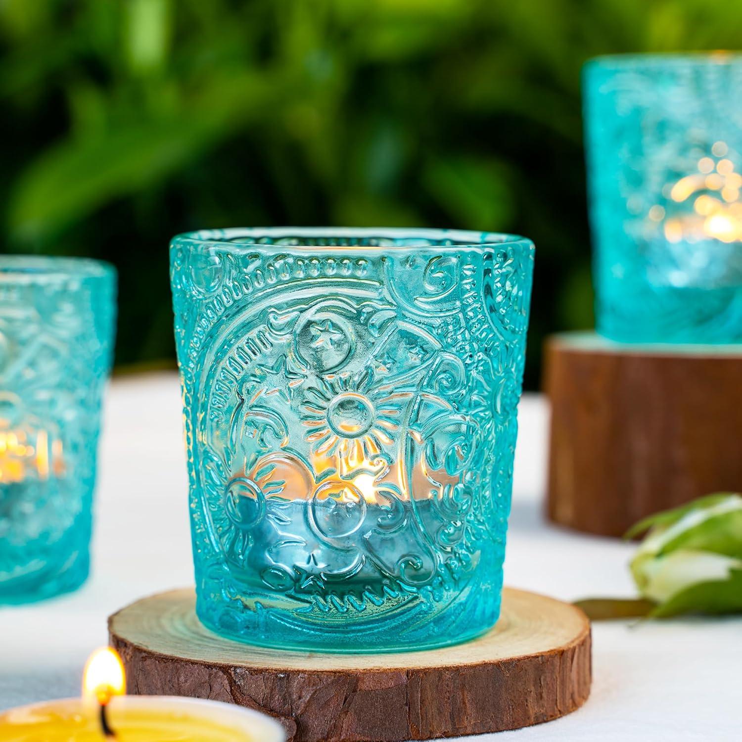 6 Pack Sun Moon Star Embossed Glass Tea Light Candle Holders - Votive Candle Holders for Wedding, Party, Home Decor, and Table Centerpieces (Aqua Blue)