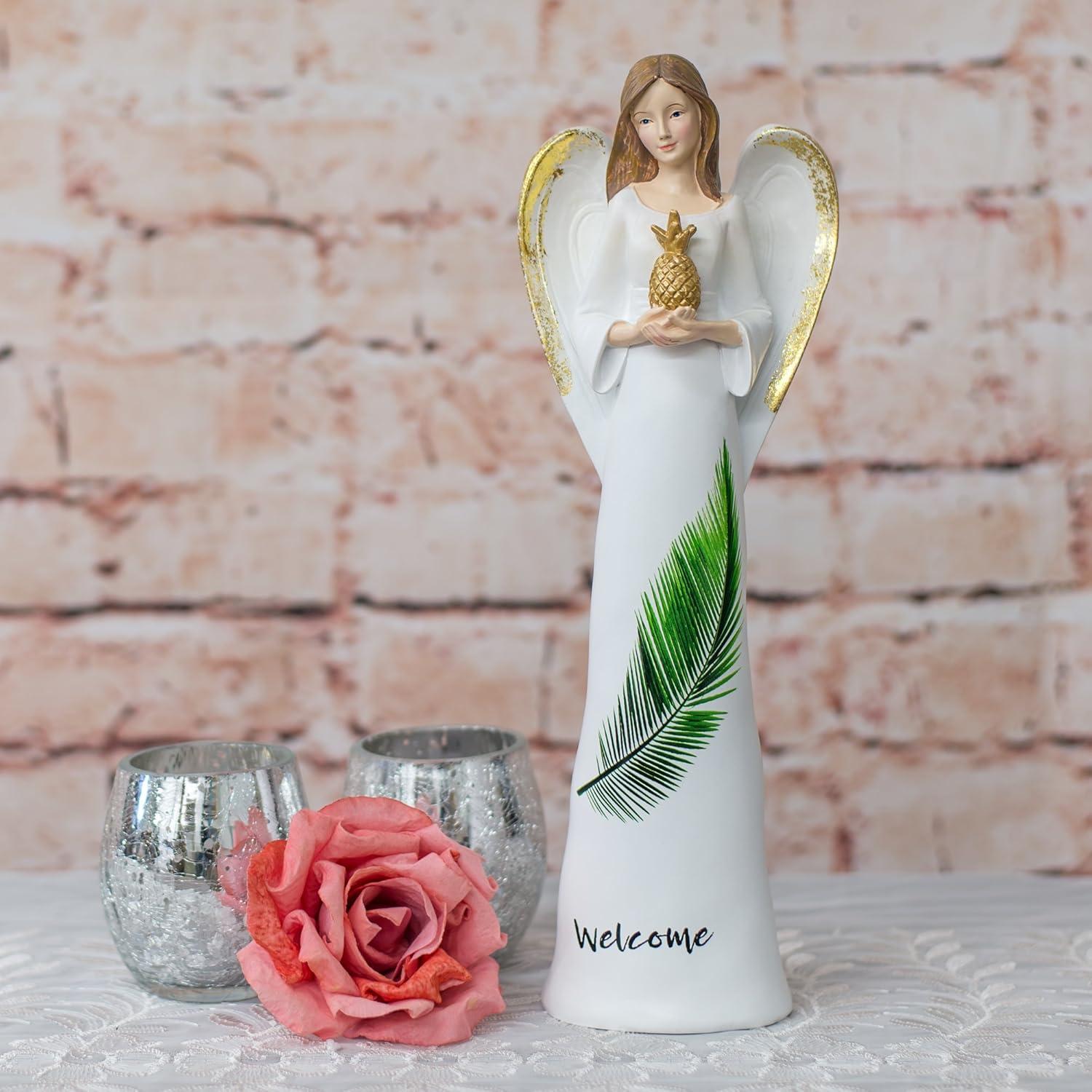 White Resin Angel Figurine with Gold Pineapple and Palm Leaf