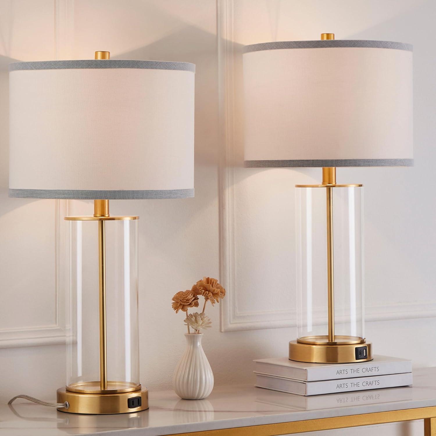 23.25" Clear Glass and Antiqued Brass Table Lamp Set with USB Ports