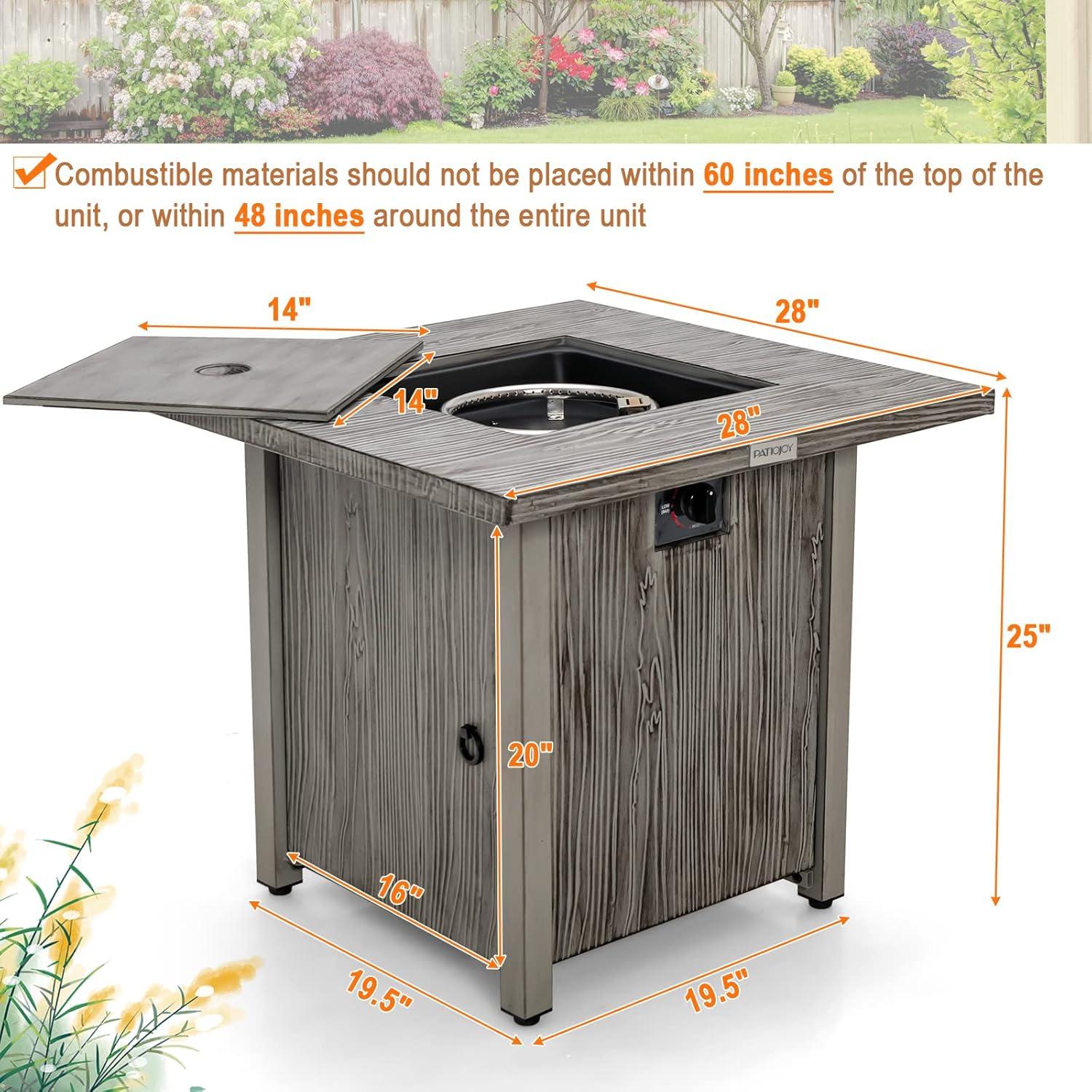 28'' Patio Square Fire Pit Table 40,000 BTU Propane Gas Table with Lid