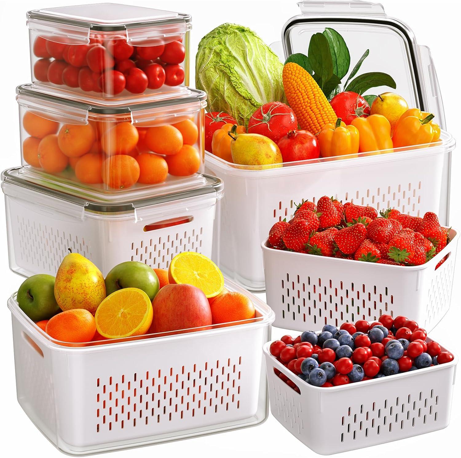 6 PCS Large Fruit Containers for Fridge - Leakproof Food Storage Containers with Removable Colander - Dishwasher & Microwave Safe Produce Containers Keep Fruits, Vegetables, Berry, Meat Fresh longer…