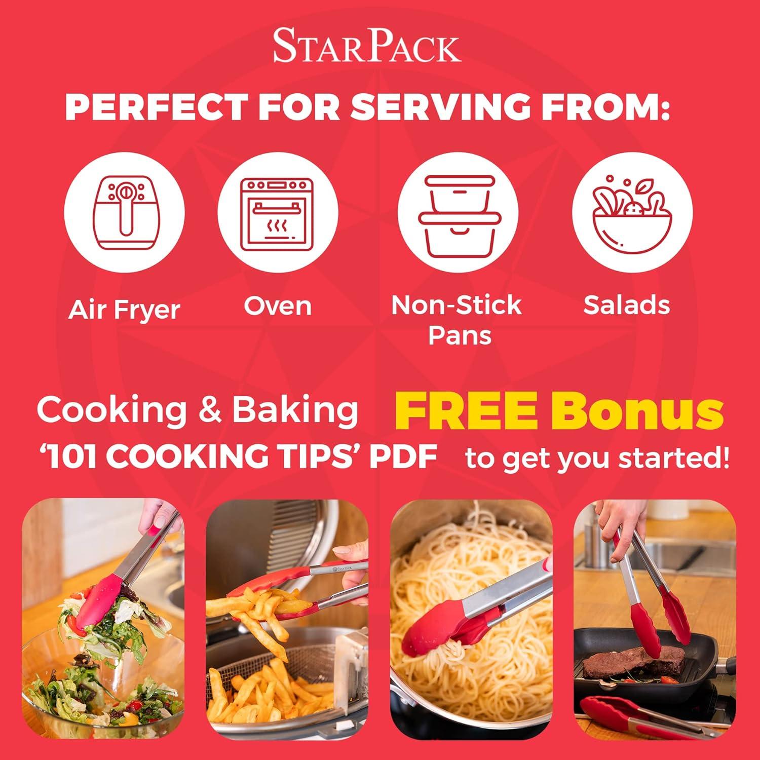 StarPack Basics Silicone Kitchen Tongs (9-Inch & 12-Inch) - Stainless Steel with Non-Stick Silicone Tips, High Heat Resistant to 480°F, For Cooking, Serving, Grill, BBQ & Salad (Cherry