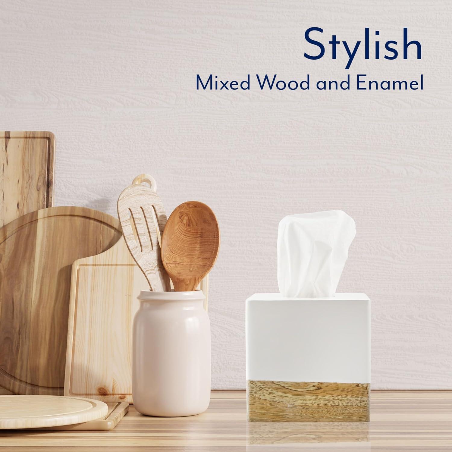 AuldHome Design Square Tissue Box Cover (Enamel/Mango Wood); Minimalist Scandinavian Decor White Cube Tissue Holder
