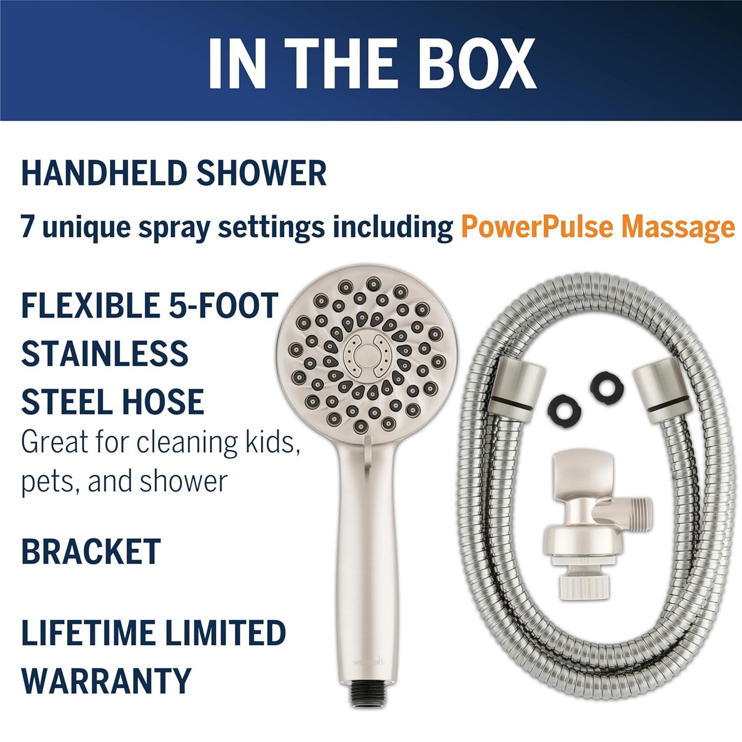 Waterpik High Pressure Hand Held Shower Head With Hose, PowerPulse Massage 7-Mode, Brushed Nickel XPB-769ME