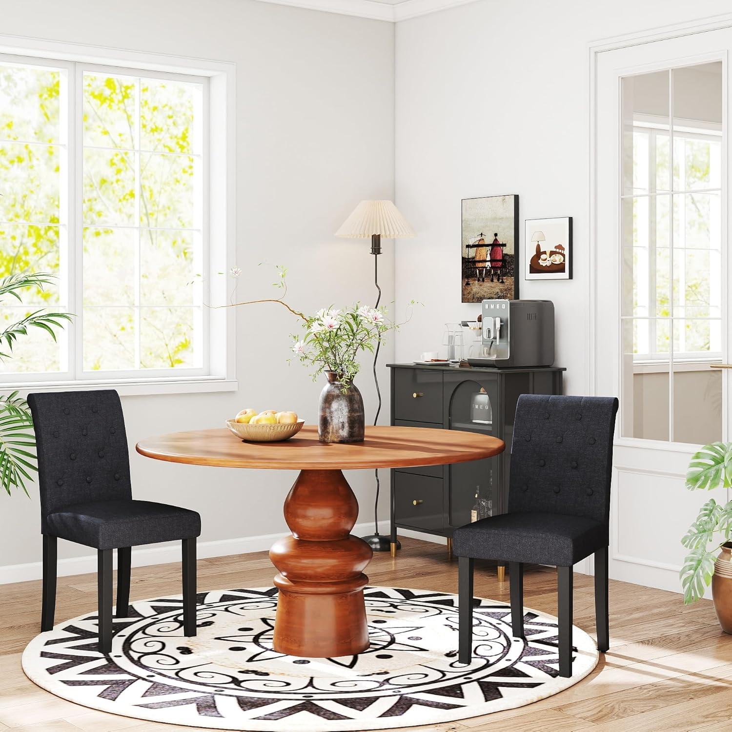 Button-Tufted Charcoal High Back Fabric Upholstered Dining Chairs, Set of 2