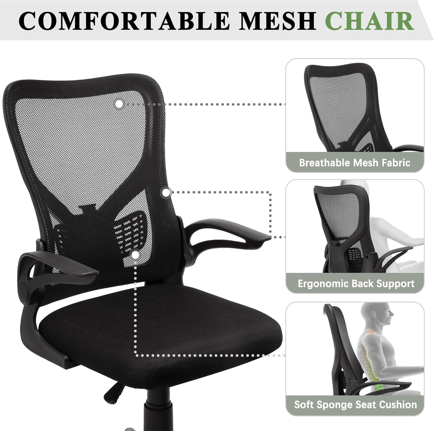VECELO Mid-Back Mesh Ergonomic Office Chair with Flim-up Armrests, Breathable Lumbar Support, Swivel Wheels, Adjustable Height, for Study/Computer Task/Home Desk Work, Black