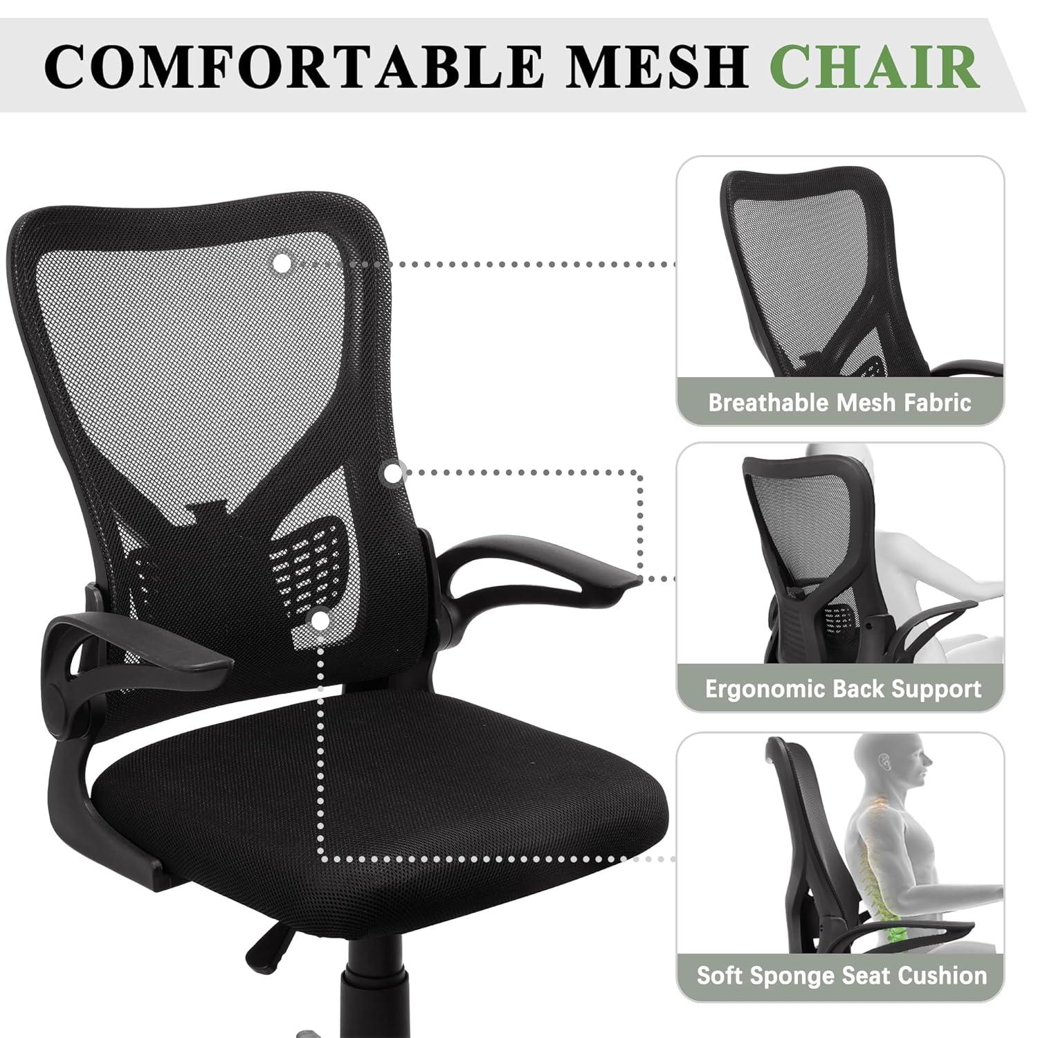 VECELO Mid-Back Mesh Ergonomic Office Chair with Flim-up Armrests, Breathable Lumbar Support, Swivel Wheels, Adjustable Height, for Study/Computer Task/Home Desk Work, Black