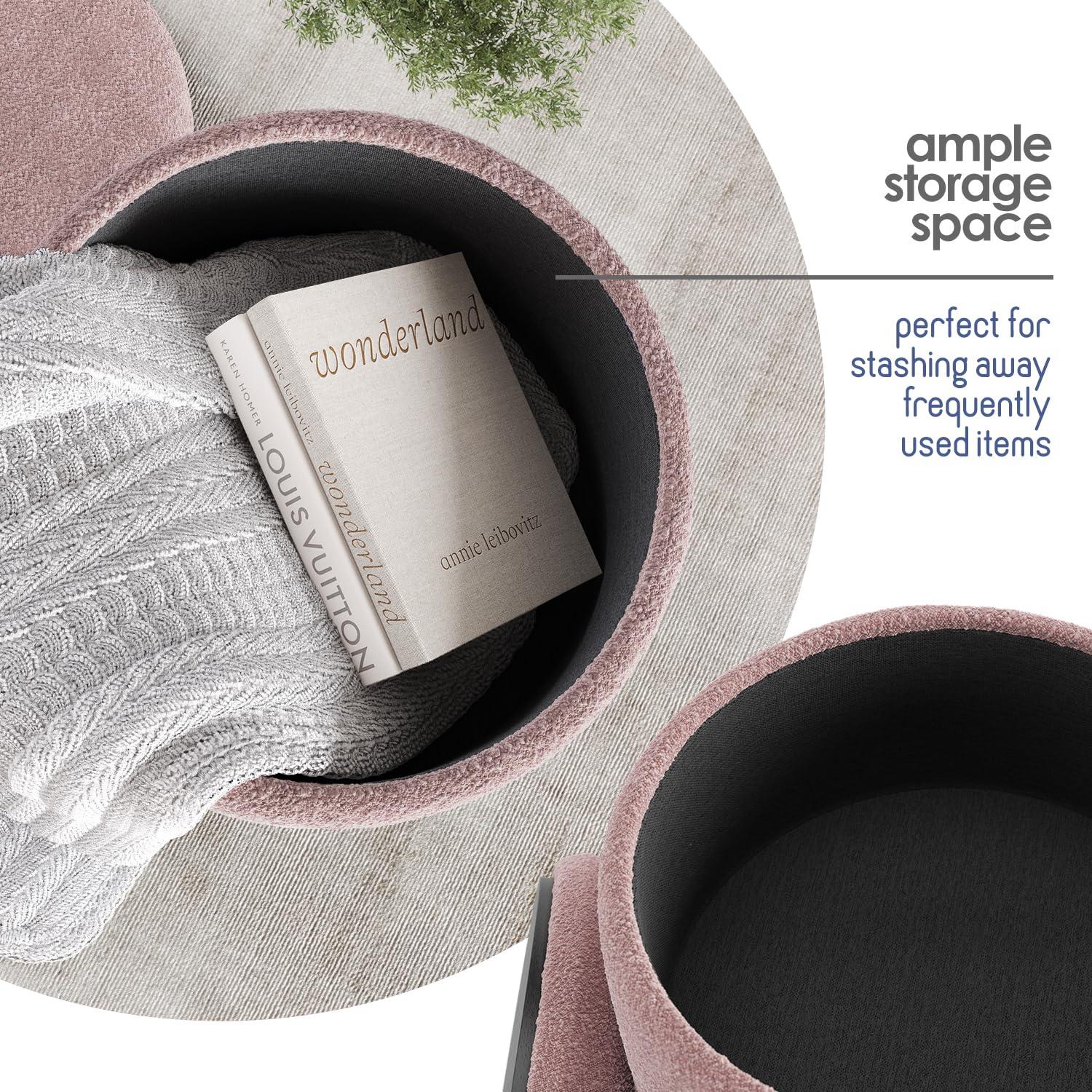 StorageBud Round Ottoman with Storage, Boucle Storage Ottoman, Modern Foot Stool Ottoman for Living Room and Bedroom, Pink/Black Legs