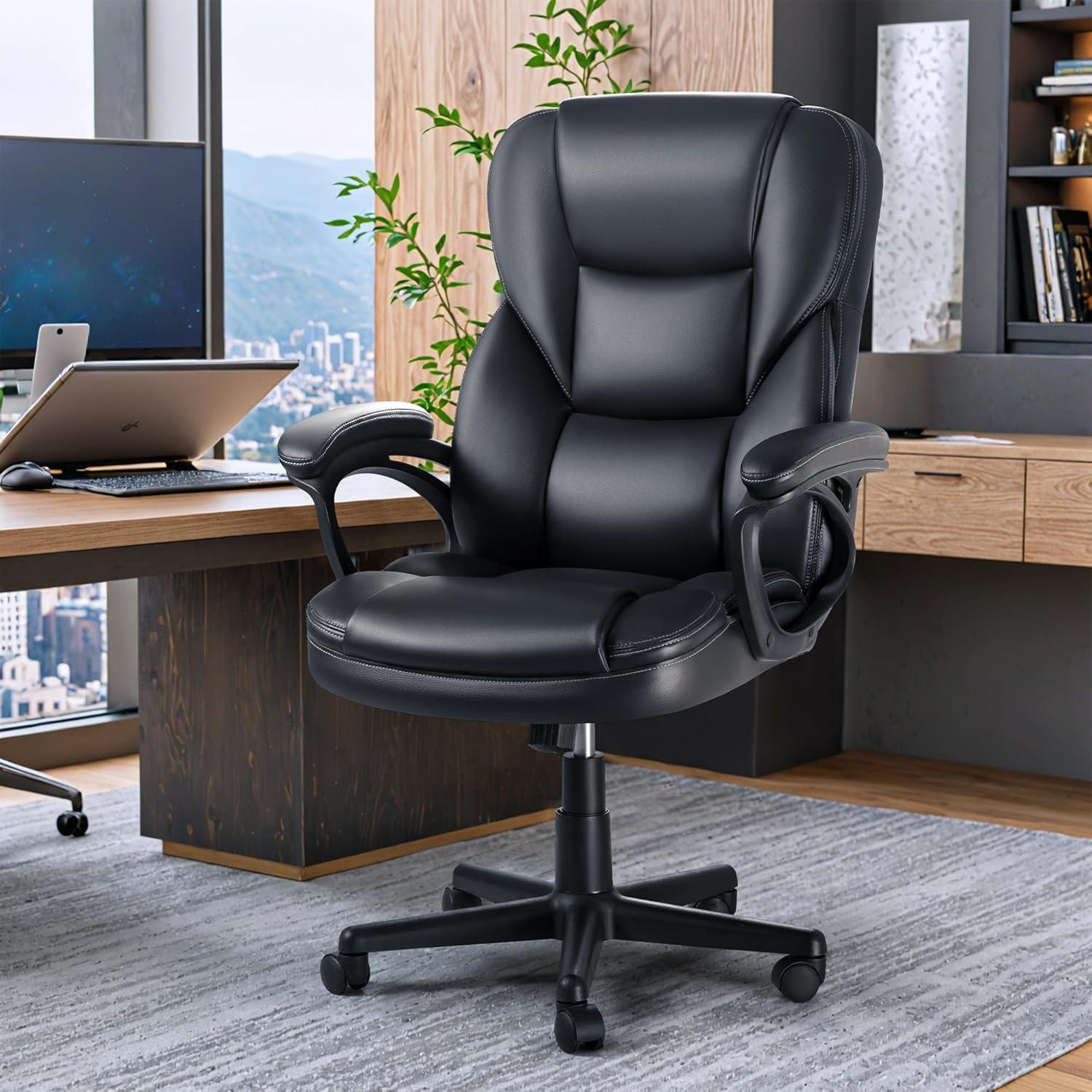 Office Executive Chair High Back Adjustable Managerial Home Desk Chair, Swivel Computer Leather Chair with Lumbar Support (Black)
