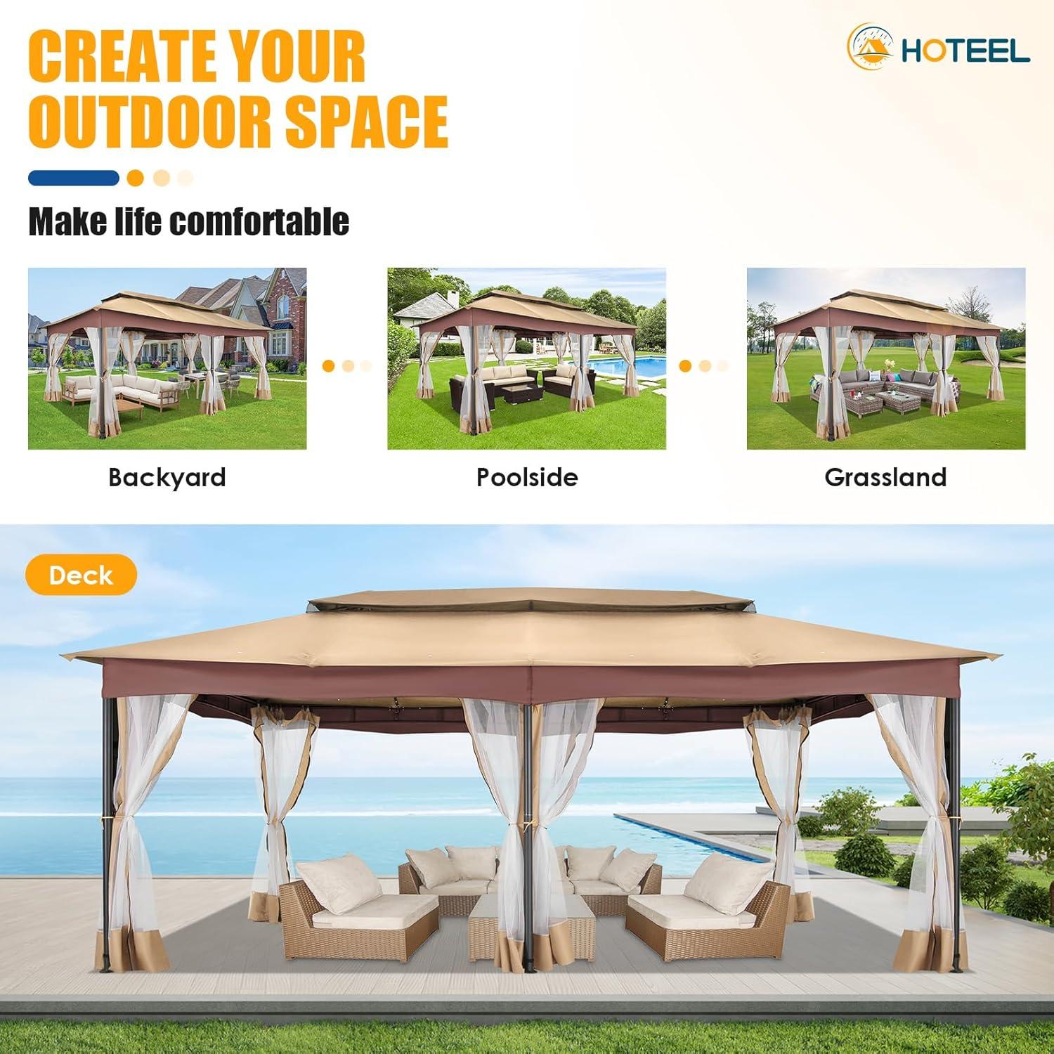 HOTEEL 10x20 Gazebo on Clearance, Outdoor Gazebo Tent with Mosquito Netting and Ventilated Double Flat Roof, Easy Set up Canopy Tent with Stable Metal Frame for Patio, Khaki (Upgraded 2.0)