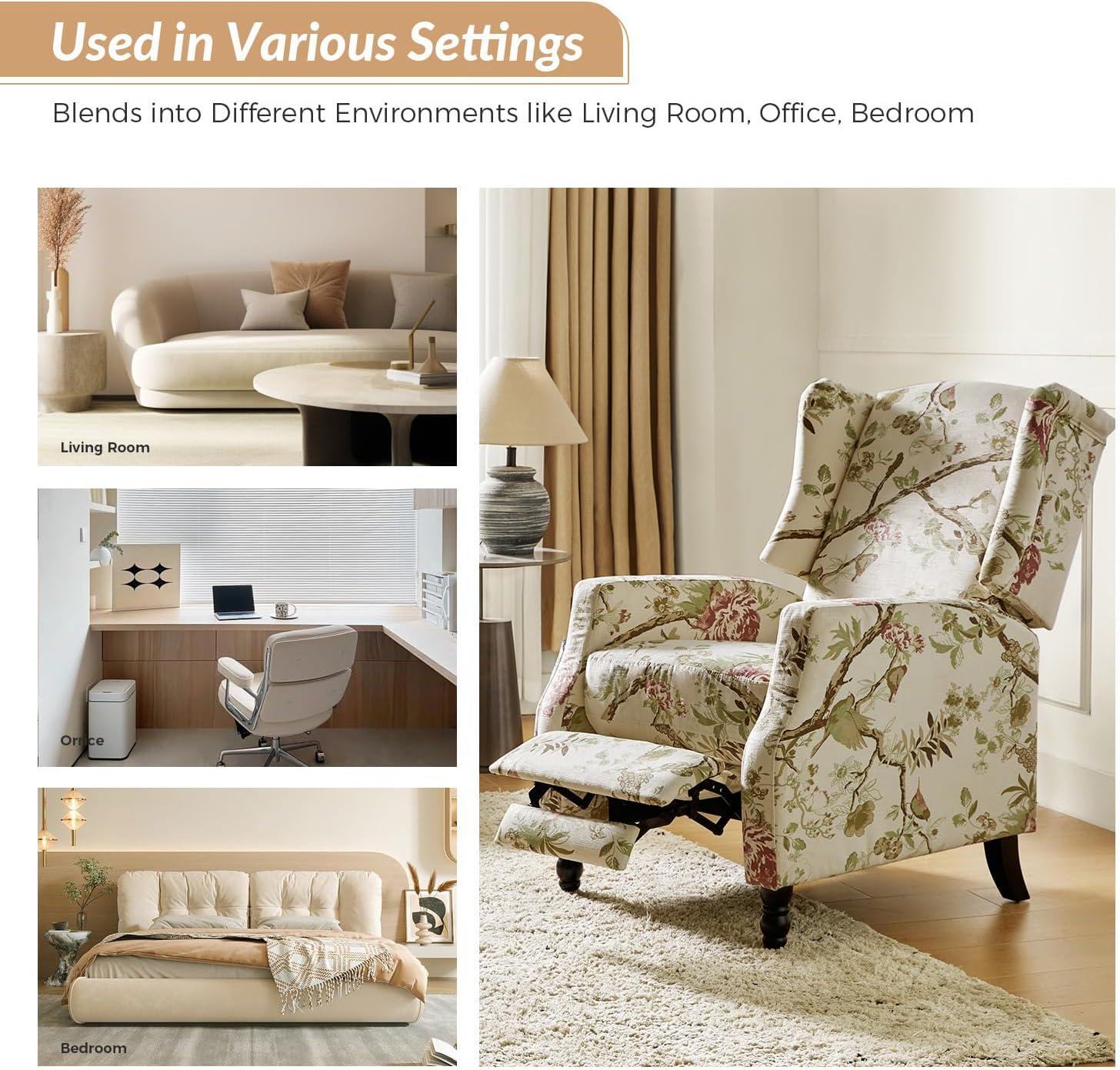 Fabric Wingback Manual Recliner Set of 2 Traditional Push Back Upholstered Armchair Sofa Home Theater Living Room Bird