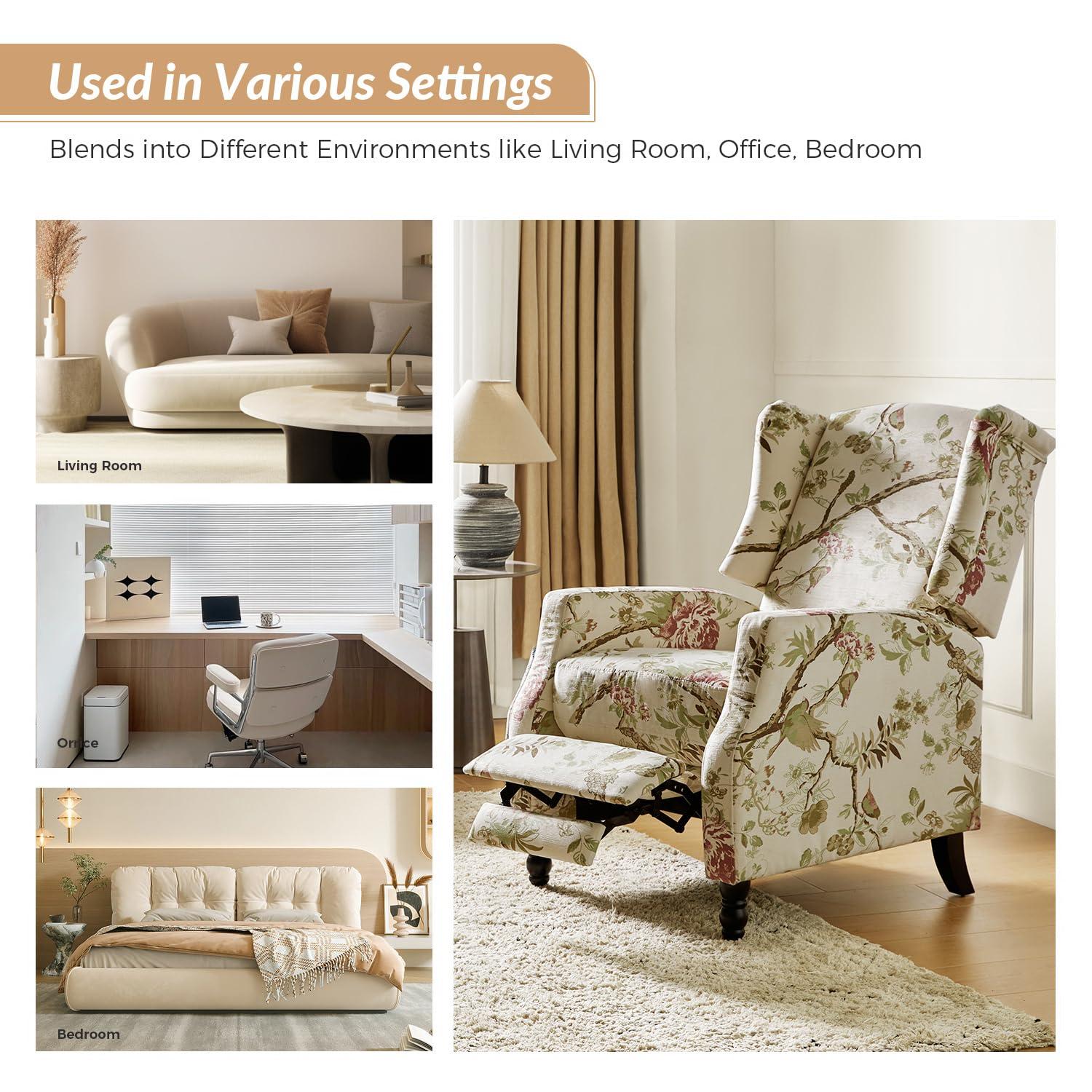 Fabric Wingback Manual Recliner Chair Set of 2 Traditional Push Back Upholstered Home Theater Living Room Bird