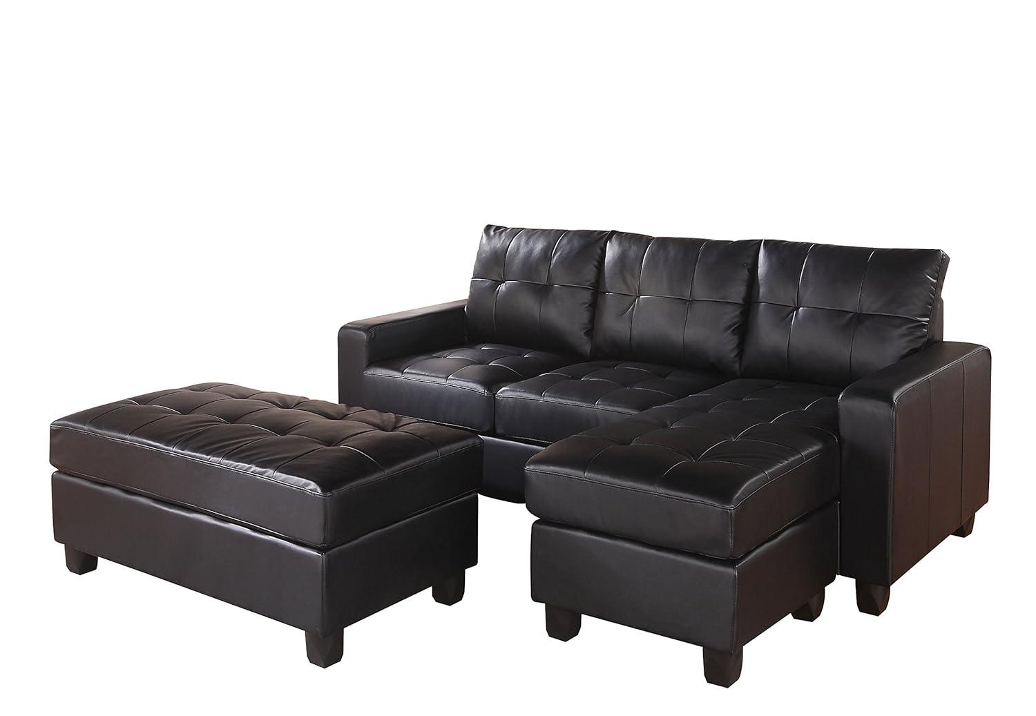 ACME Lyssa Track Arms Bonded Leather Sectional with Ottoman in Black