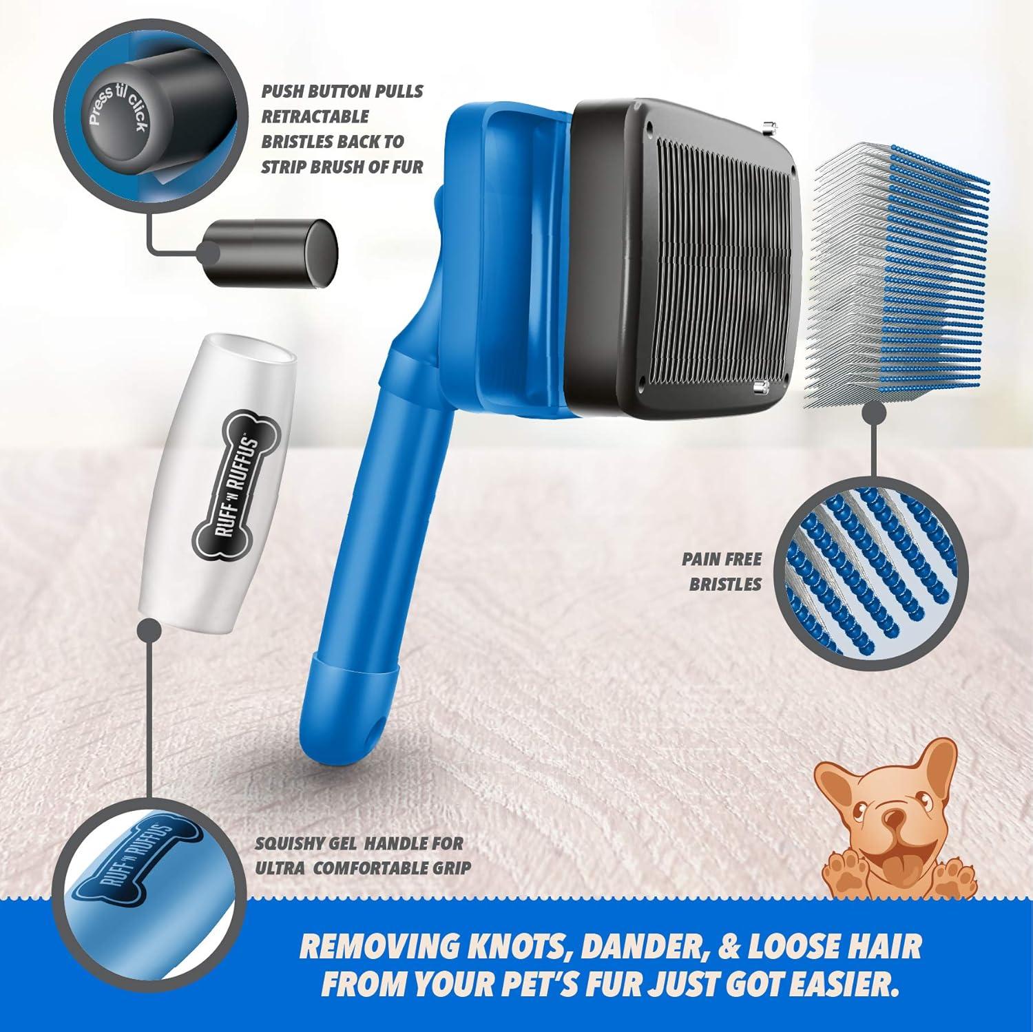 Blue Self-Cleaning Rubber Bristle Dog Comb with Metal Handle