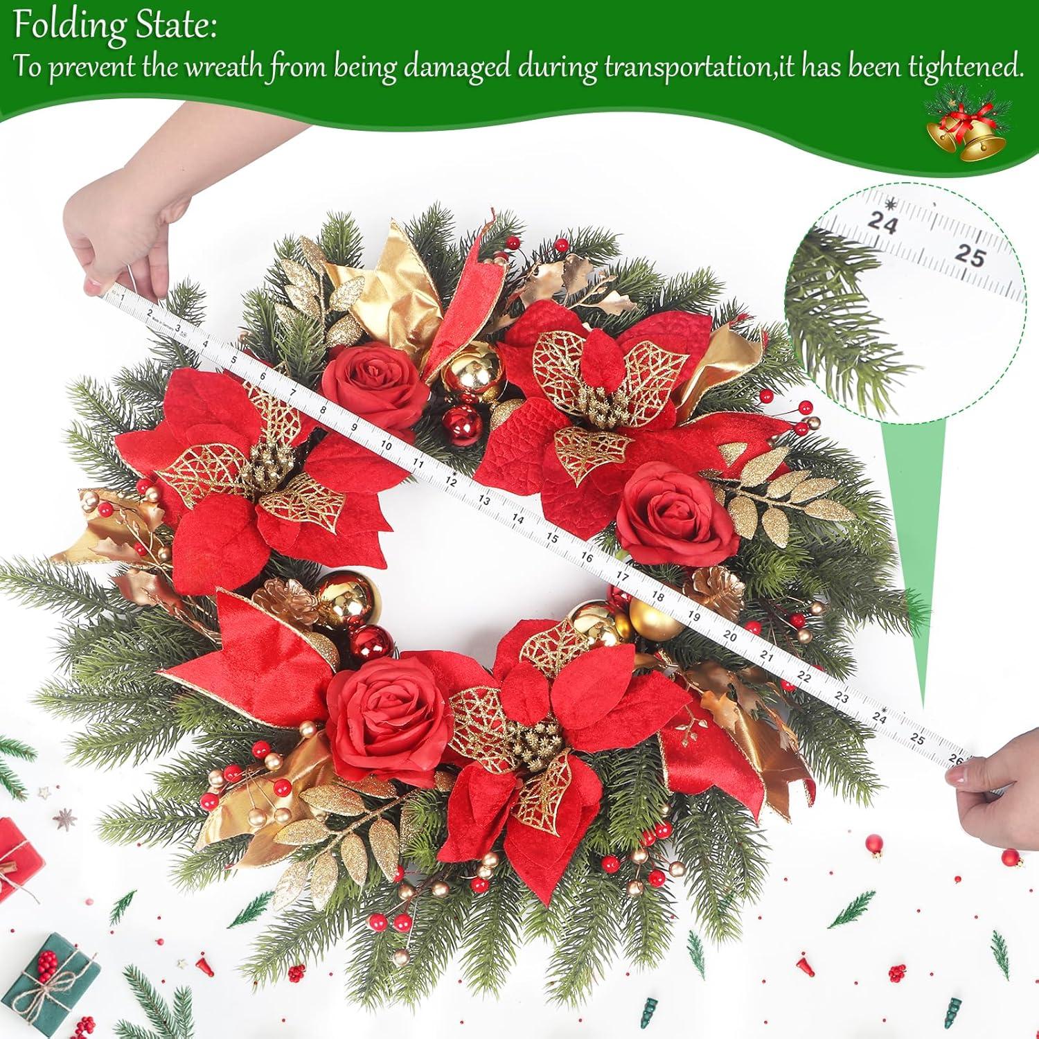 Wreaths for Front Door,Winter Wreaths for Indoor and Outdoor Decorations,Door Wreath with Red Flowers and Golden Ball,Pine Cones,Leaves,Ribbons,Berries for Decor