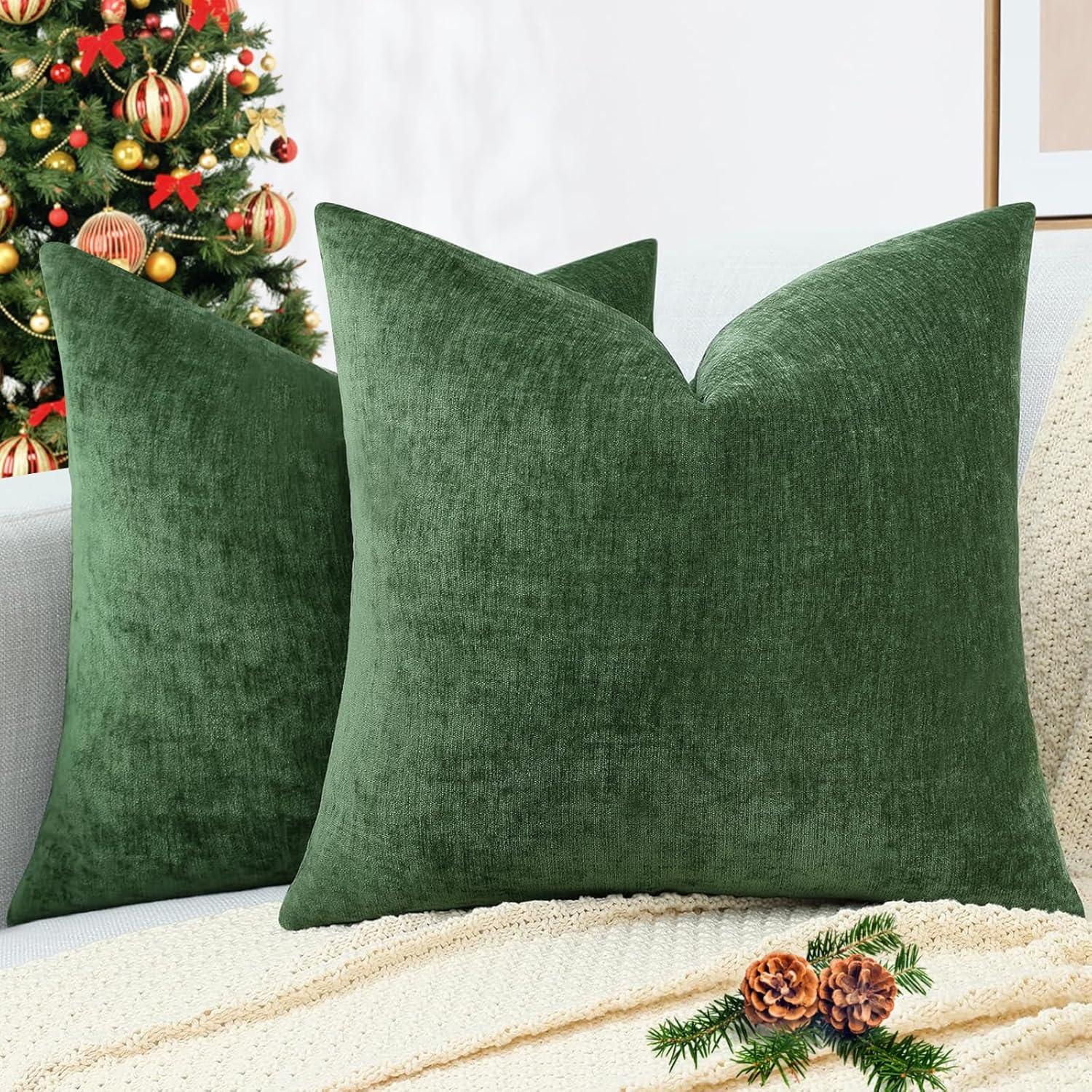 Green Chenille 18x18 Inch Decorative Pillow Covers, Pack of 2