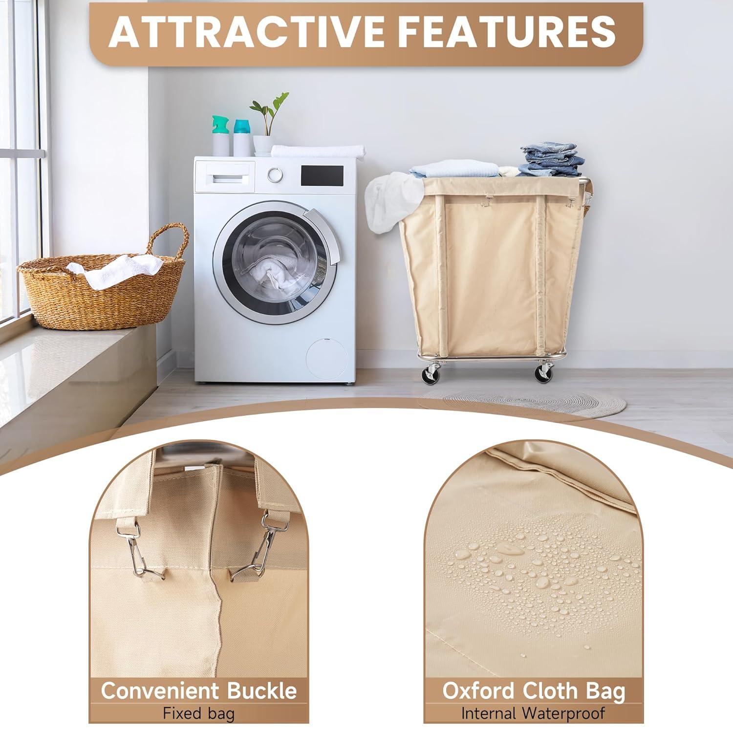 Laundry Cart with Wheels 320L Large Rolling Laundry Cart for Commercial/Home, Rolling Laundry Basket with Steel Frame and Waterproof Lining, 9 Bushel, 32.3L x 19.7W x 30.7H Inch, Beige