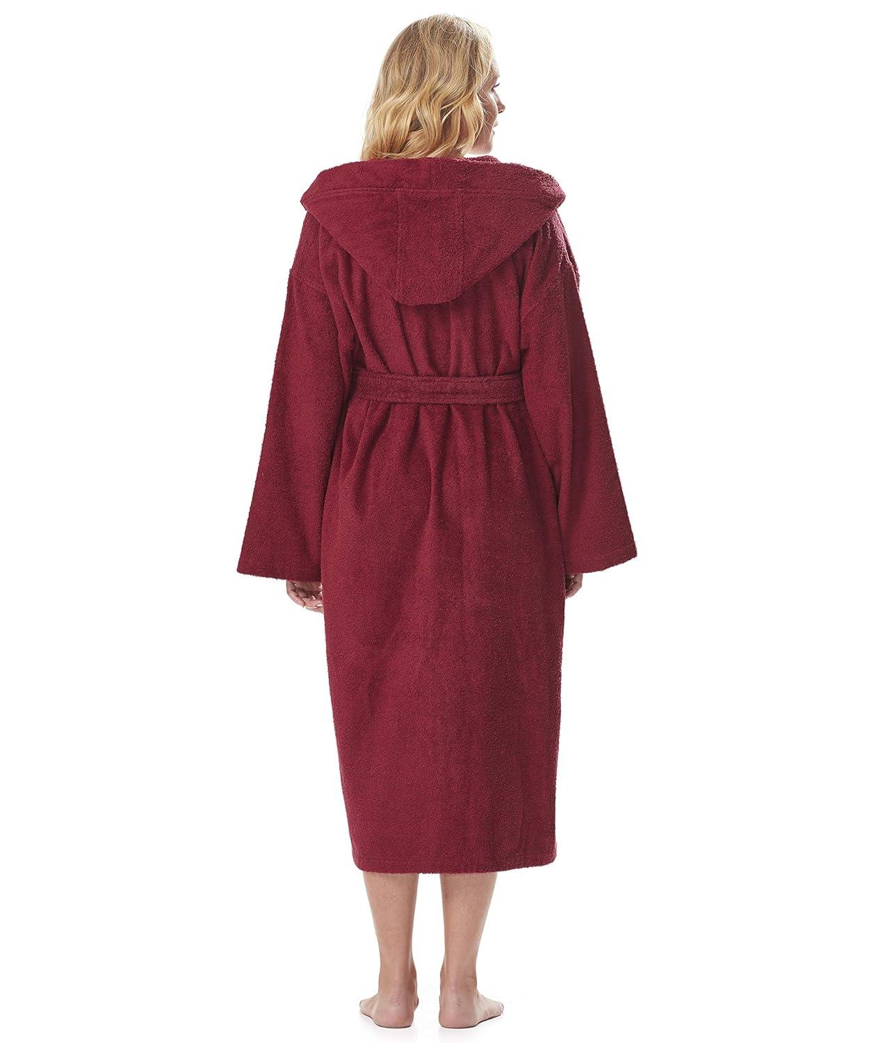 Women's Small Burgundy Cotton Hooded Full Length Bathrobe