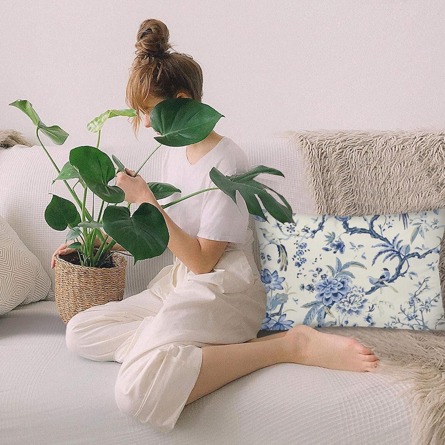 Chinoiserie Lumbar Pillow Covers 12 x 20 Set of 2 Birds Floral Linen Throw Pillow Cover Vintage White and Blue Farmhouse Decorative Pillowcases for Living Room Couch Bed Sofa Outdoor