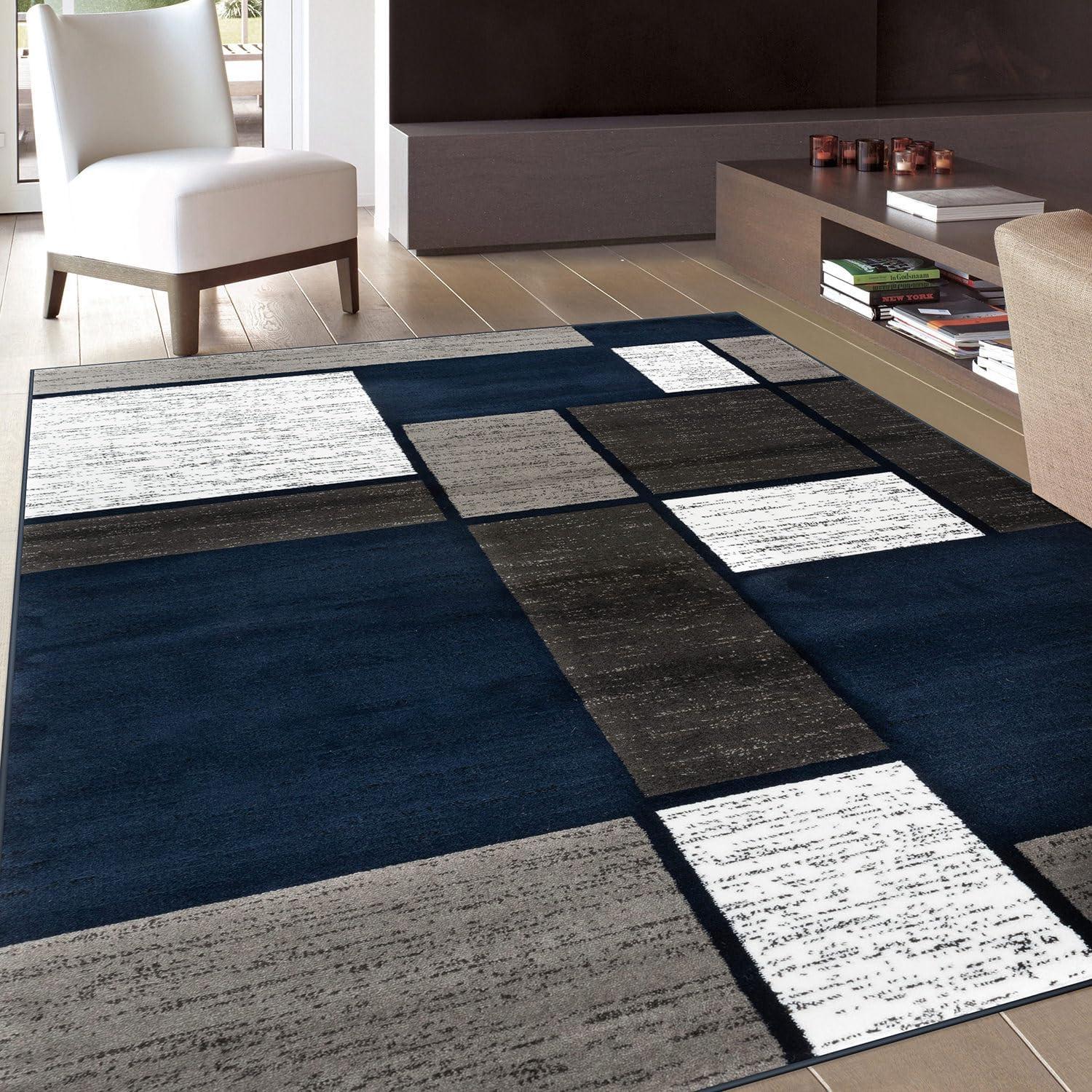 World Rug Gallery Contemporary Modern Boxed Color Block Navy 7'10"x10'2" Indoor Area Rug