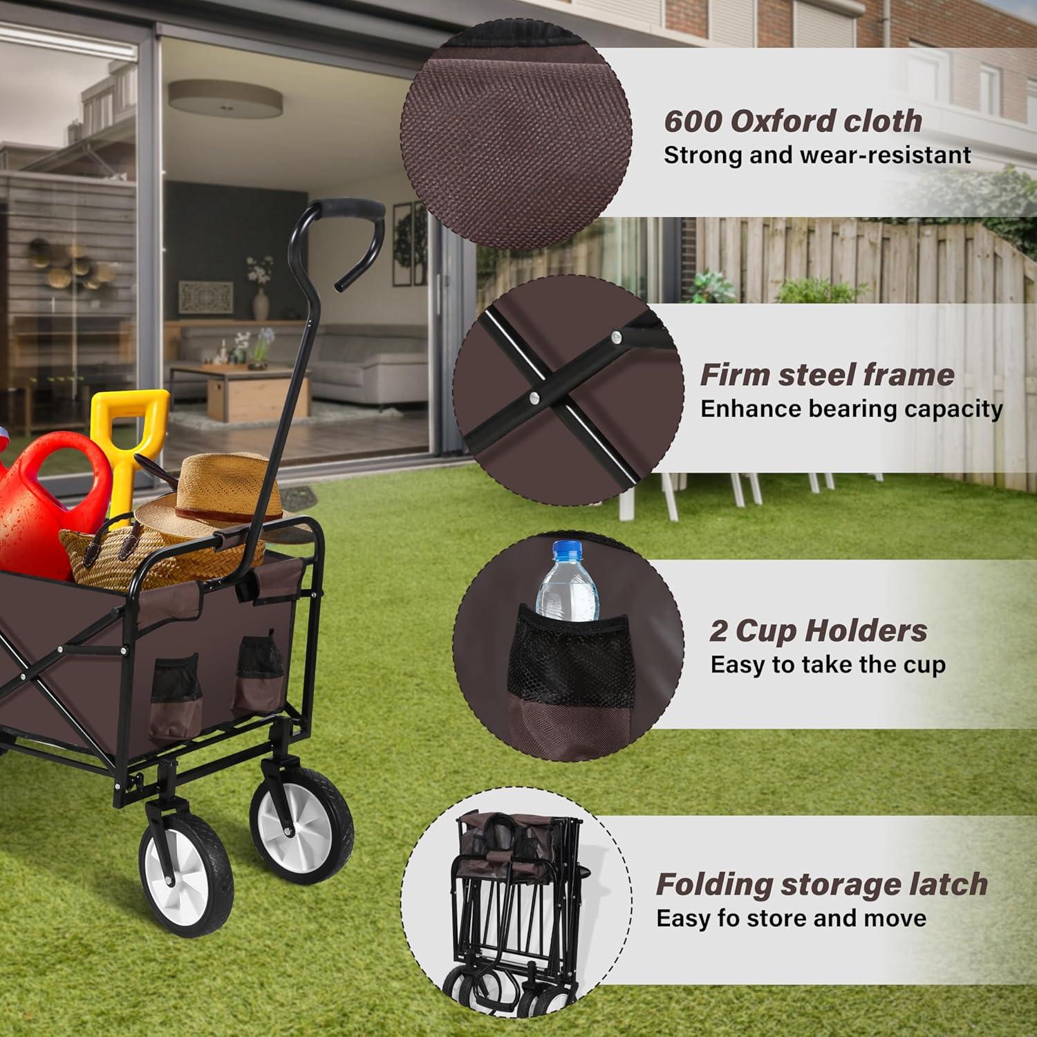Brown Collapsible Garden Wagon with Swivel Wheels