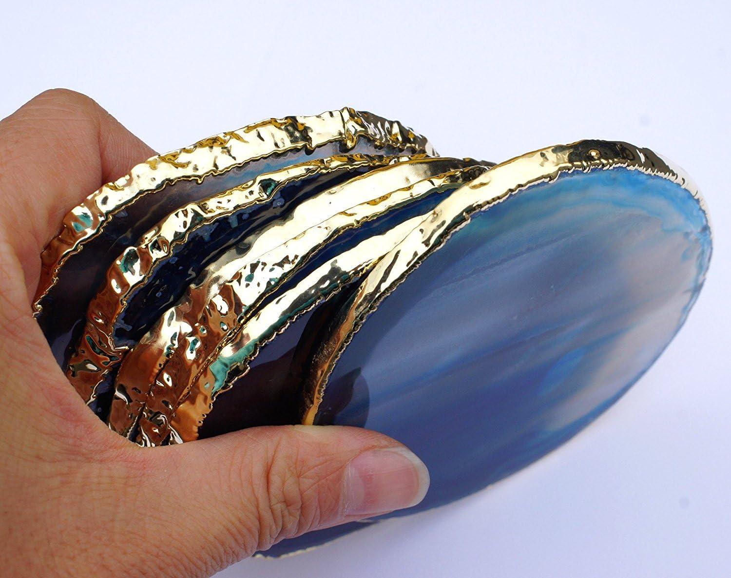 Set of 4 Blue Agate Stone Coasters with Gold Edges