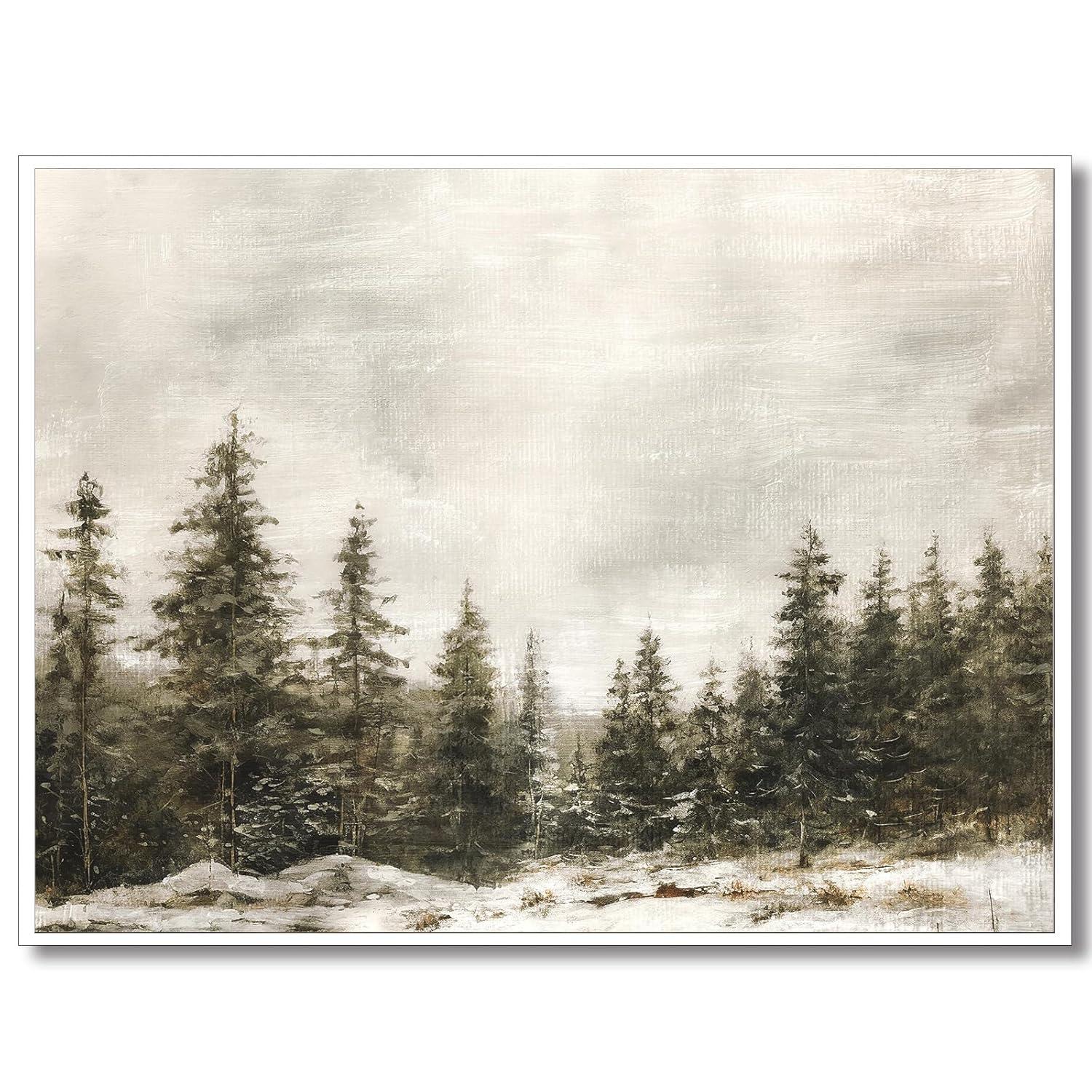 Venphude Winter Pine Forest Landscape Canvas Wall Art, Rustic Christmas Snowy Pine Tree Poster Print, Watercolor Nature Wilderness Wall Decor Artwork for Living Room 16x24in Unframed