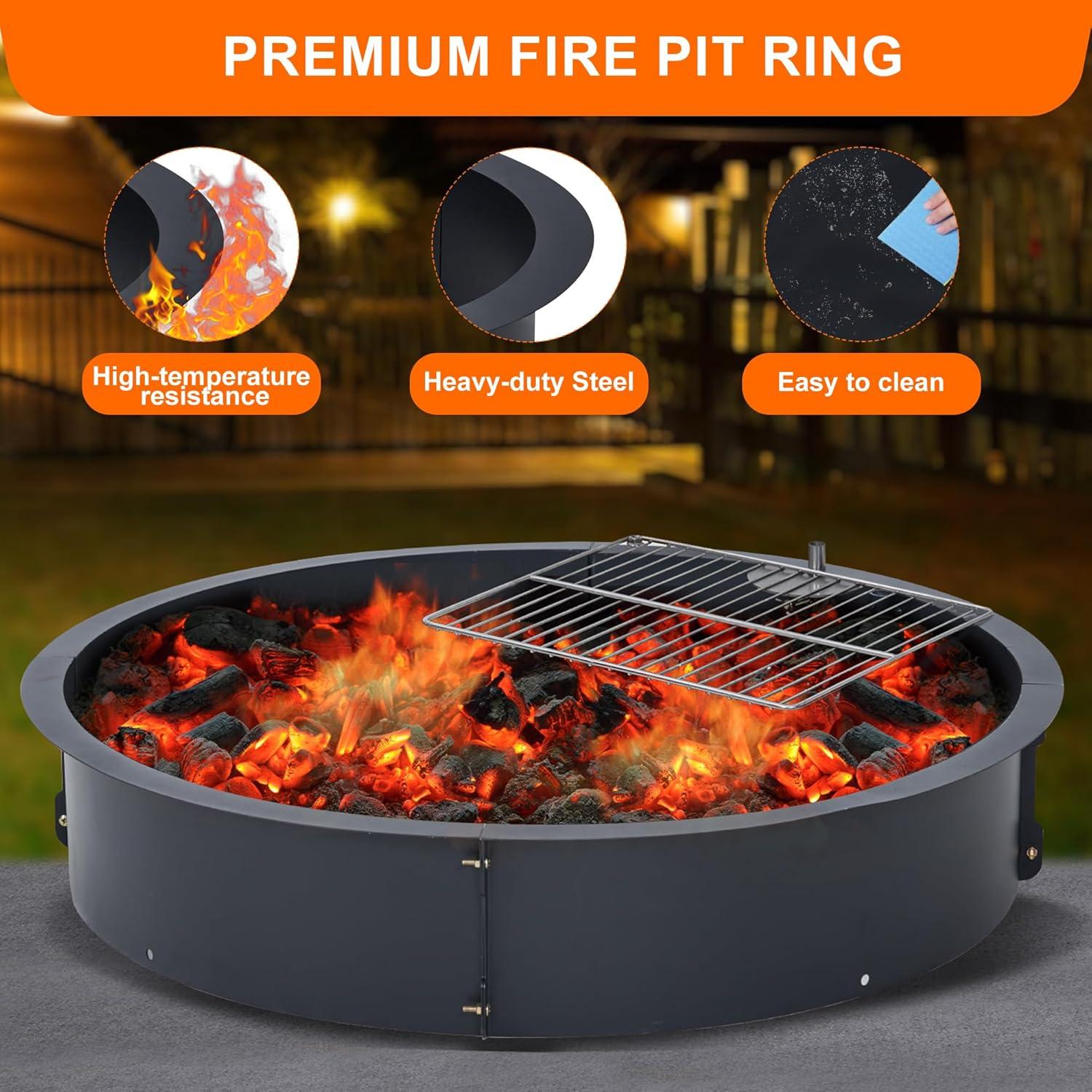 36 inch Outdoor Fire Pit Liner Round Solid Steel Fire Ring with Cooking Grate